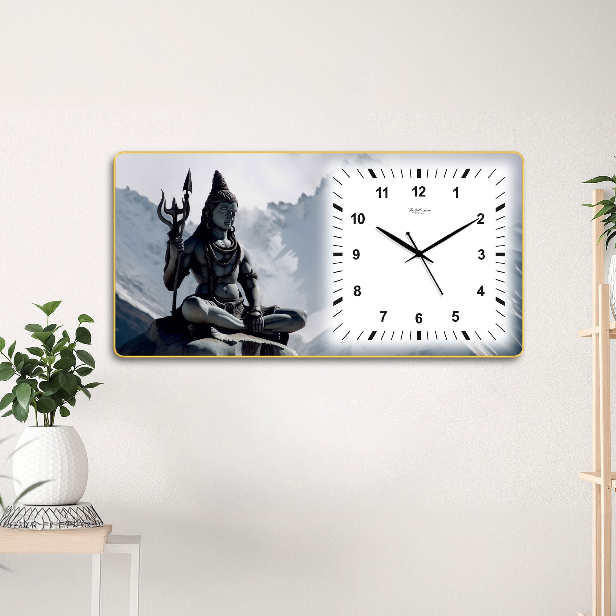 The Castle Decor Lord Shiva Meditation Decorative Wall Clock 24x12 Inch, Silent Sweep Non-Ticking Modern Wall Clock with Golden Slim Frame