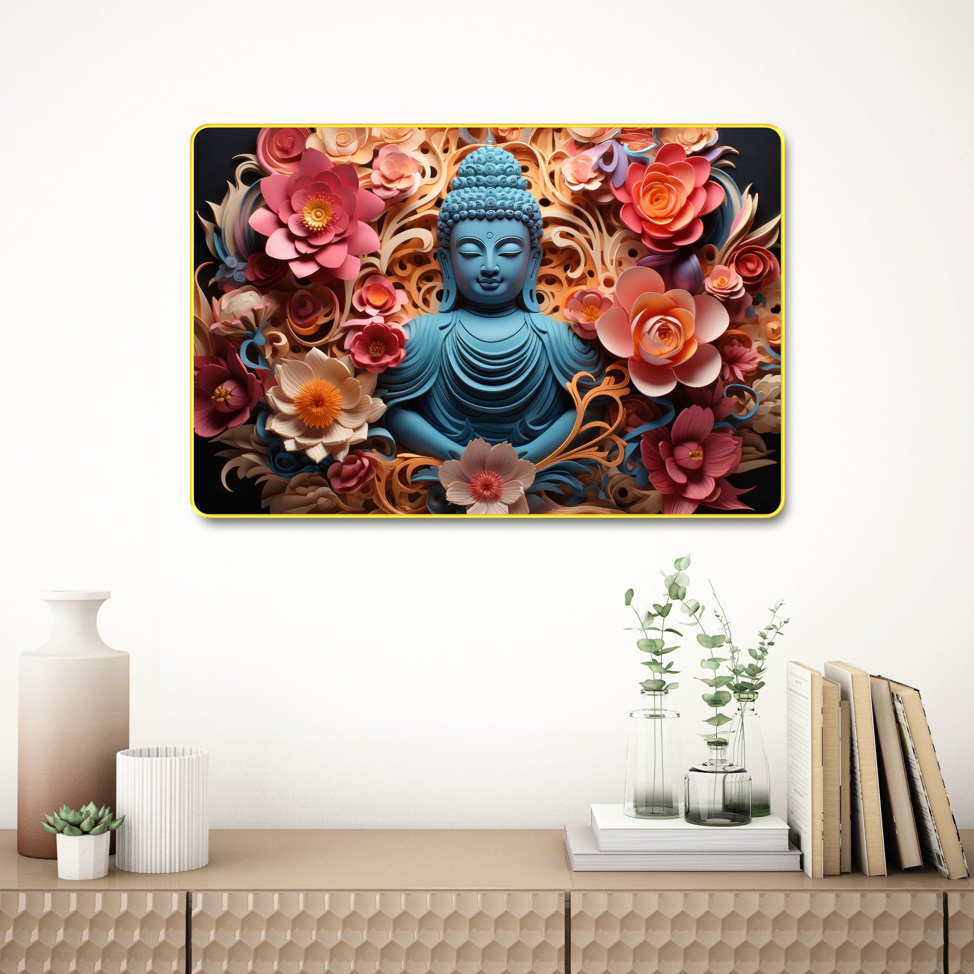 The Castle Decor Lord Buddha Wall Art Painting with Wooden Frame | Vastu Spiritual Meditation Décor for Living Room, Bedroom, Office & Hotel | Gift Option