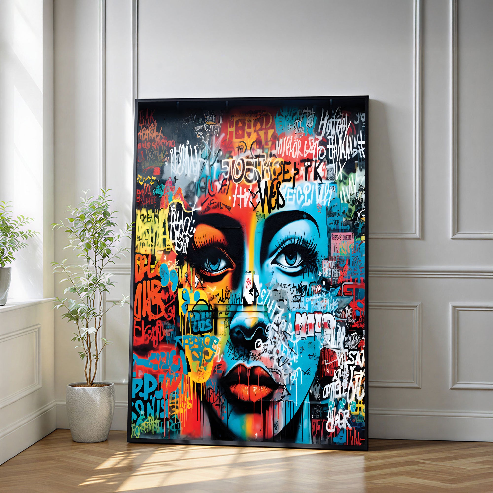 The Castle Decor Abstract Graffiti Face Wall Art – Modern Street Art Portrait with Bold Colors, Premium Sparkle Finish, 20×30 Inch Wall Décor for Living Room & Office
