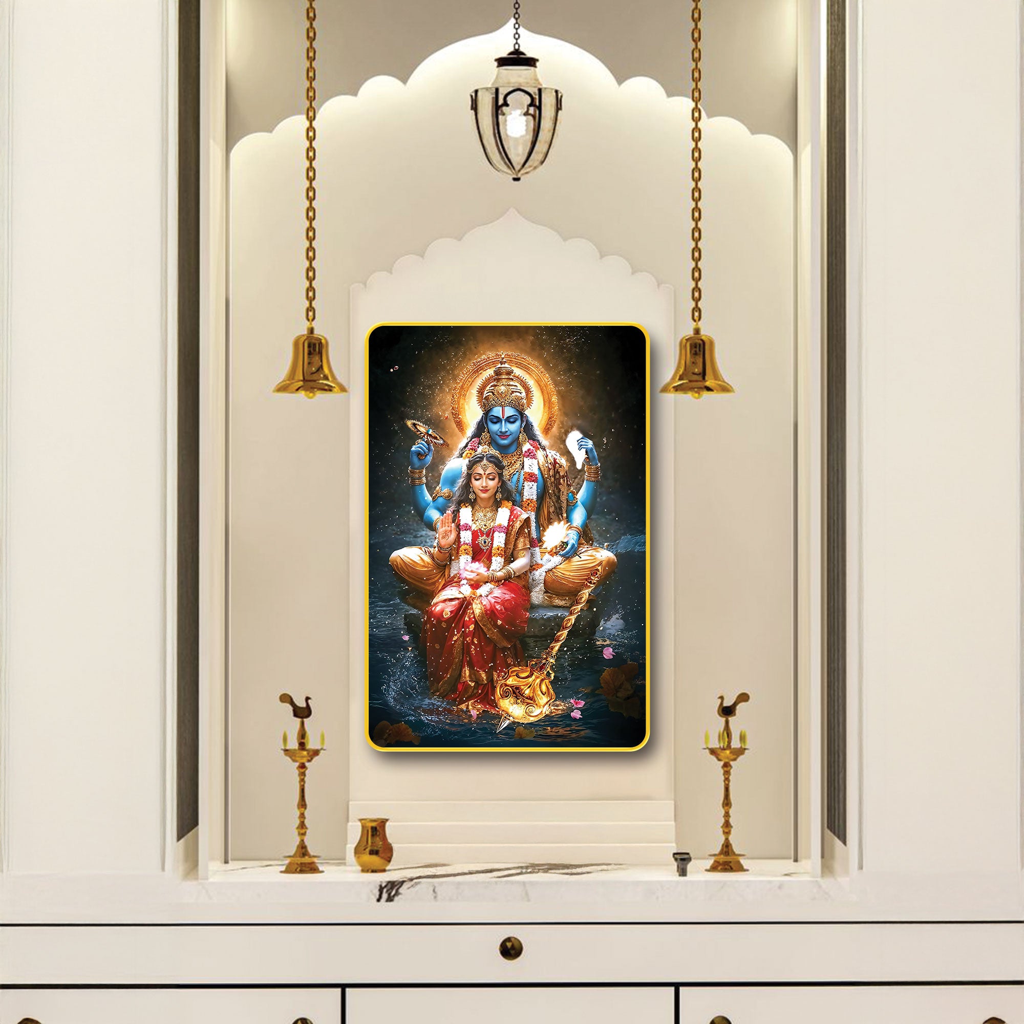 The Castle Decor Vishnu Lakshmi Digital Wall Art | Sparkle Laminated Golden Frame | Divine Spiritual Décor for Pooja Room, Mandir, Home & Office 20X30