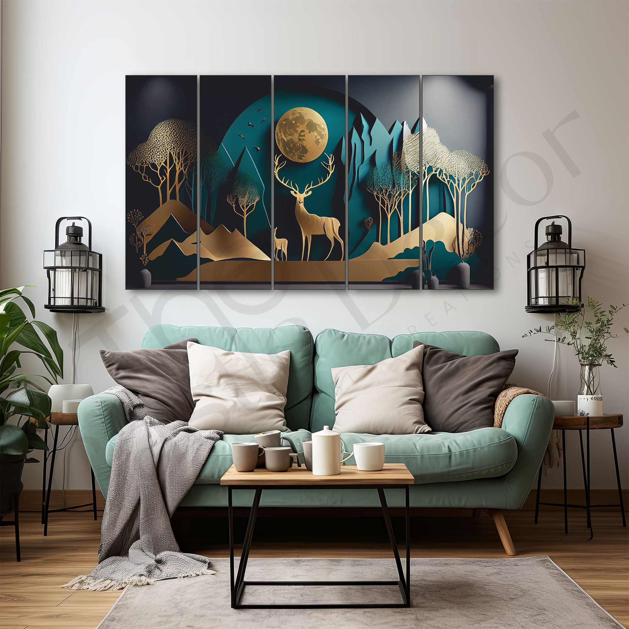 Golden Deer Nature Painting Set of 5 for Home Decoration