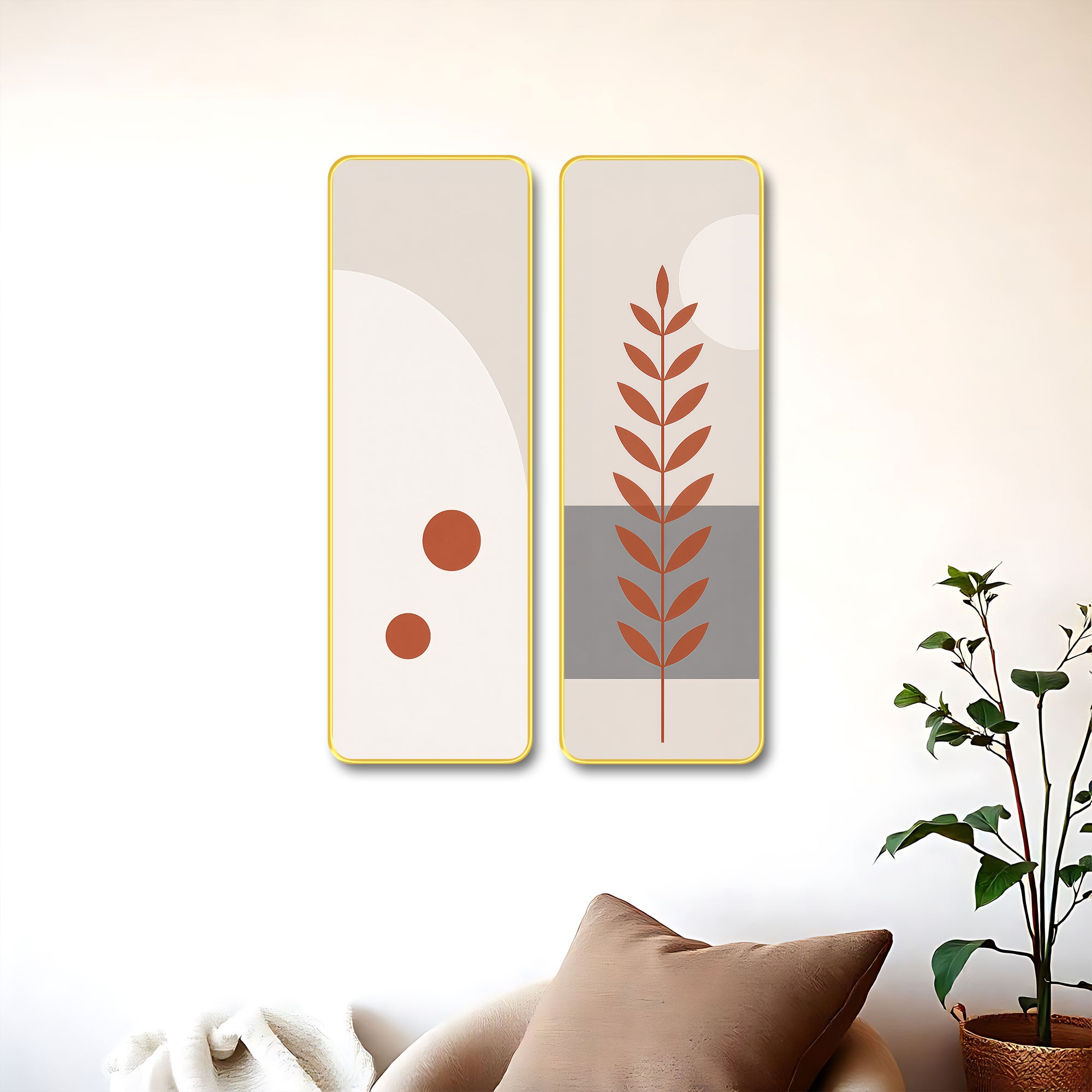 The Castle Decor Modern Boho Wall Art Set of 2 for Living Room | Minimalist Botanical Leaf Painting | Abstract Nordic Wall Decor for Bedroom Office Hallway Home Decoration