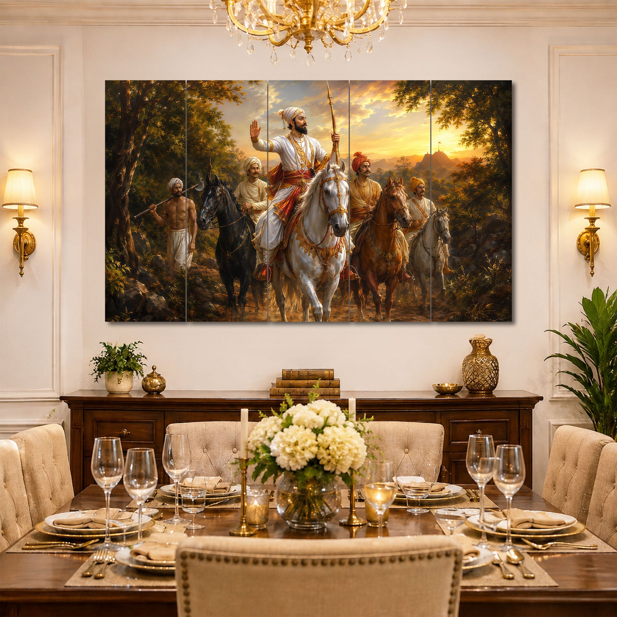 The Castle Decor Chhatrapati Shivaji Maharaj Horse Ride 5 Panel Sparkle Finish MDF Wall Painting  Maratha Warrior Home Office Decoration