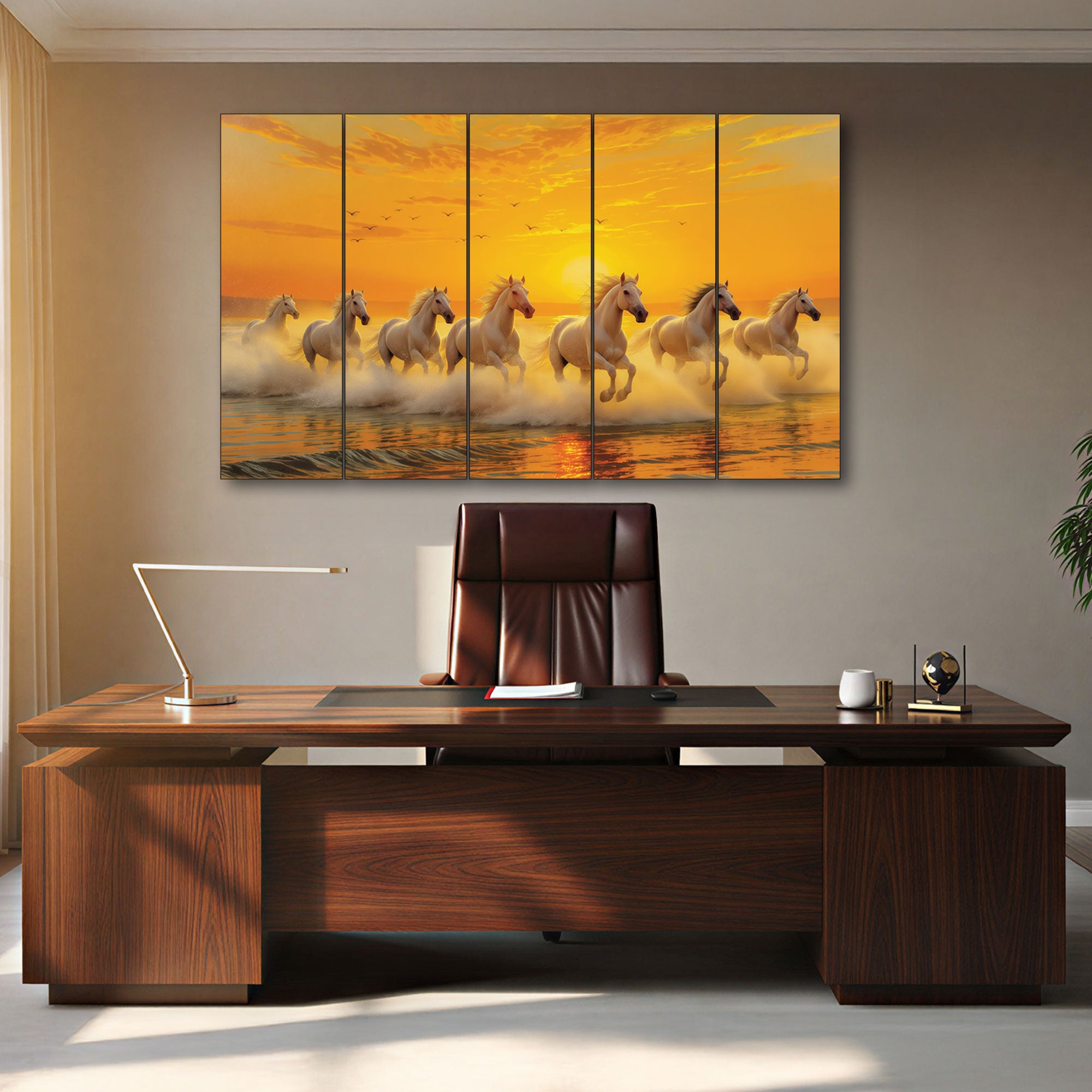 The Castle Decor 7 Running Sunrise Horses Wall Painting for Living Room Big Size Set of 5