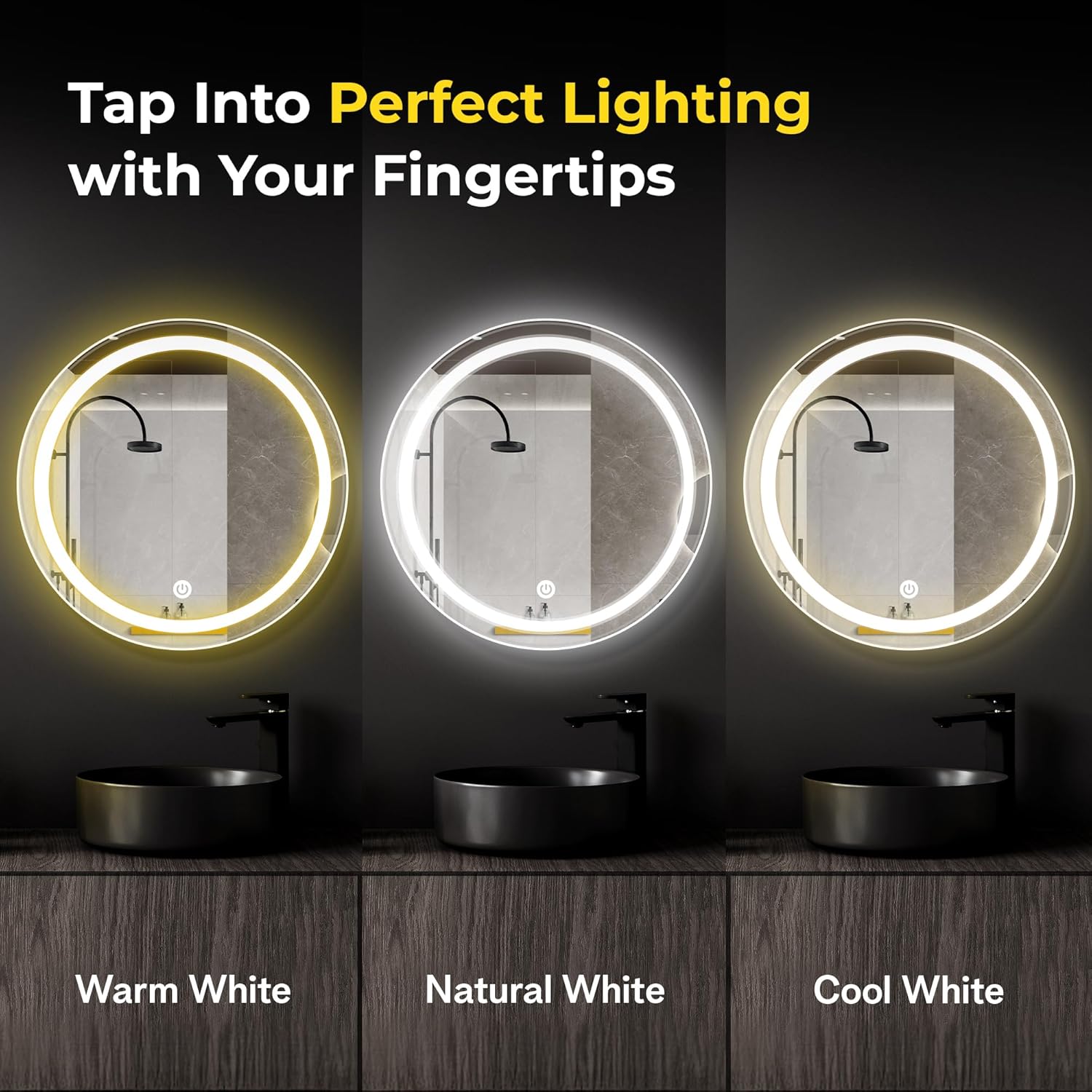 The Castle Decor Round LED Bathroom Mirror, 24 x 24 Inch, 3 Light Modes, Touch Control