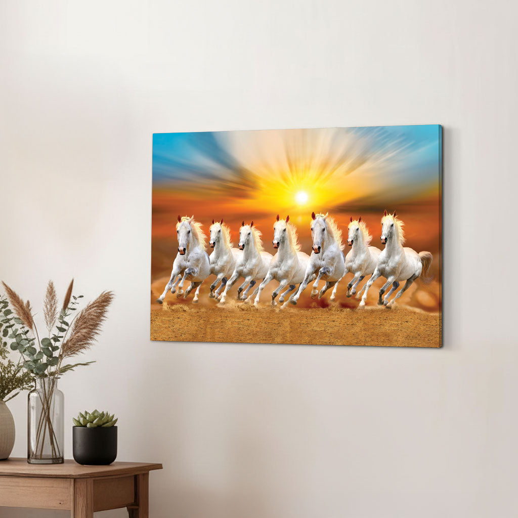 The Castle Decor 7 Running White Horses Wall Painting, Sunrise Sunset Theme, Vastu Wall Art for Living Room, Office, Bedroom Decor 16x24 1005