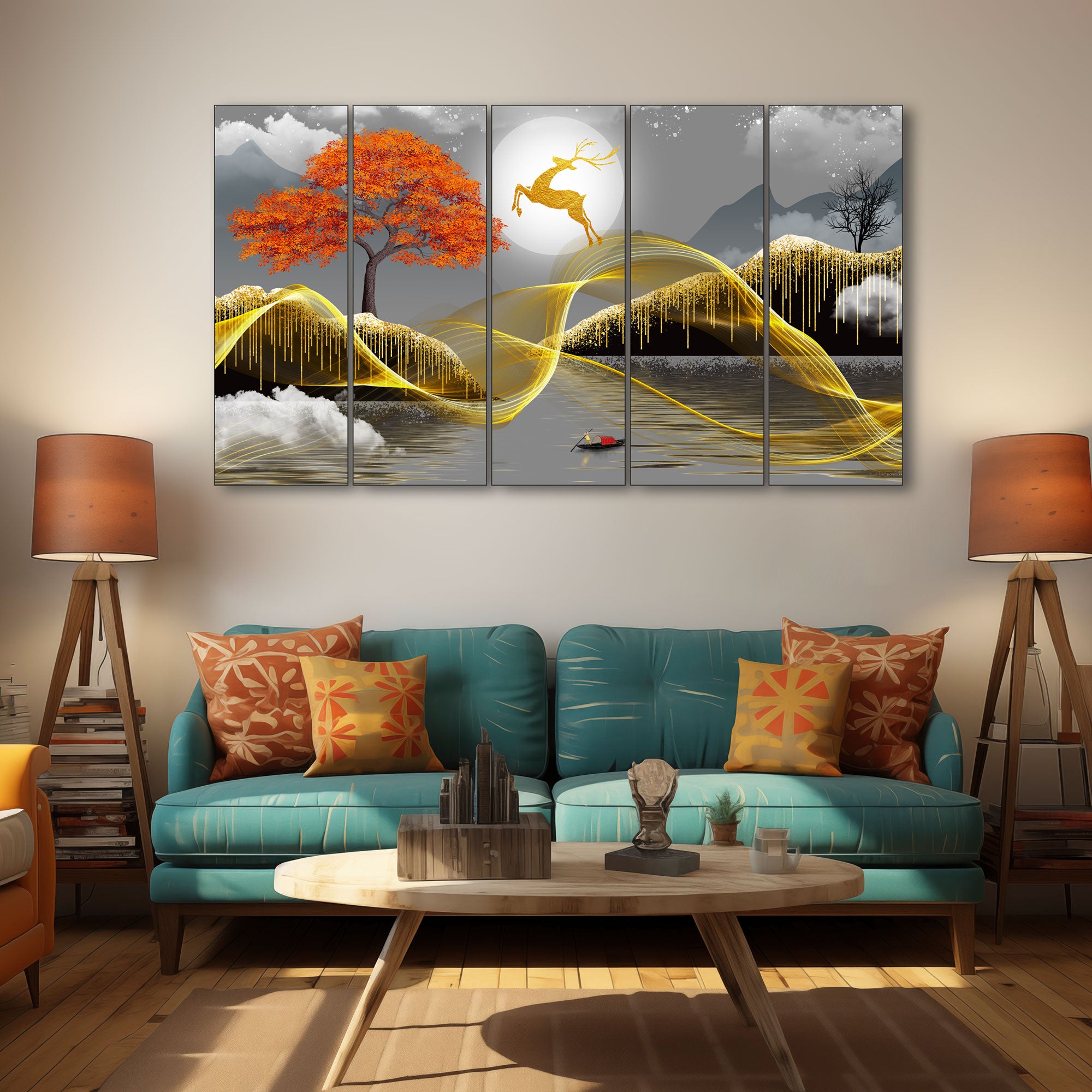 Golden Deer Painting with frame Big Size Wall Art for living room,Bedroom,Drawing room,Hotels