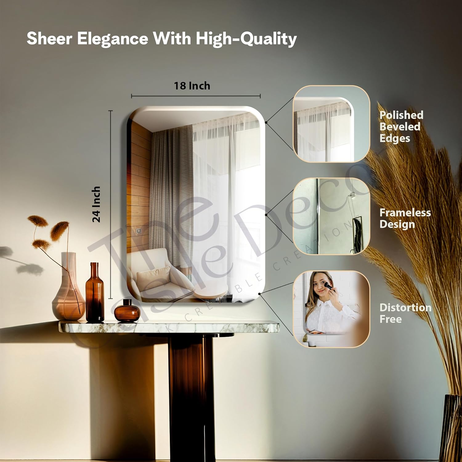 The Castle Decor Rectangular Frameless Glass Wall Mirror 18x24 Inch for Bathroom, Bedroom & Living Room
