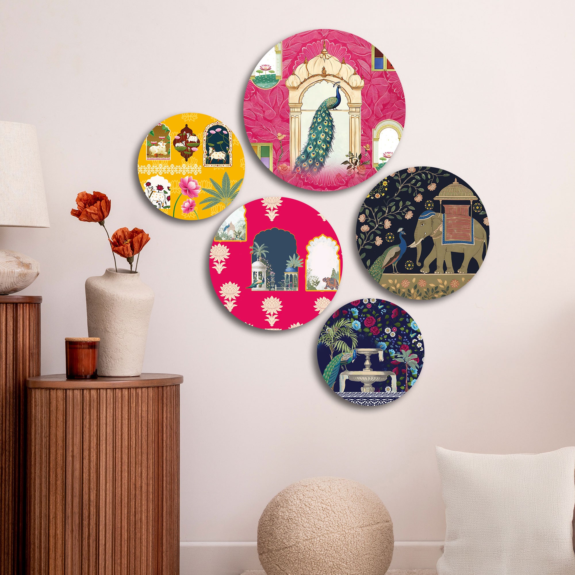 The Castle Decor Madhubani & Miniature Art Wall Plates | Ethnic Peacock & Elephant Theme | Set of 5 Vibrant Multi-Color Wall Paintings for Home, Hall & Bedroom Decor