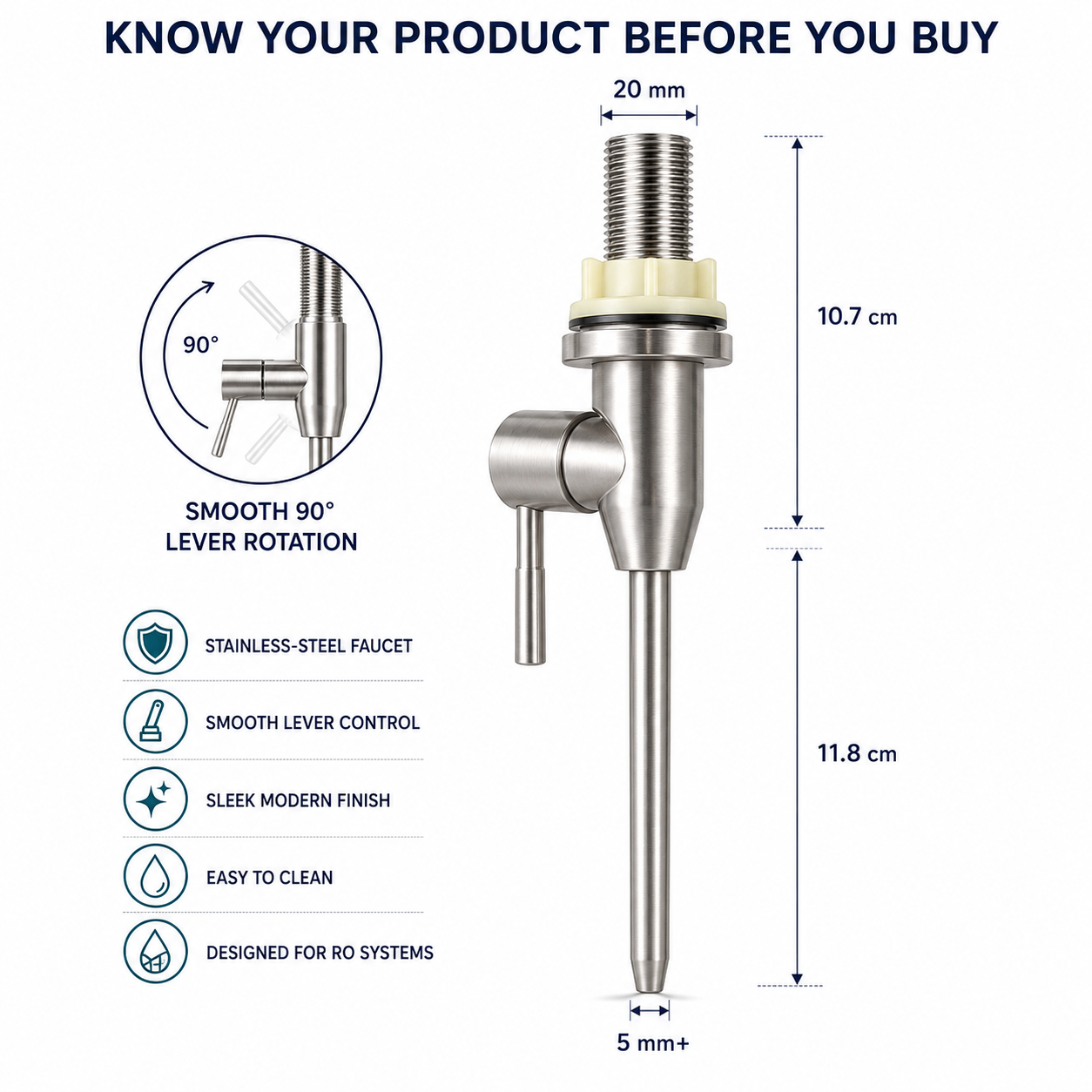 **The Castle Decor Stainless Steel RO Water Purifier Faucet with Complete Installation Kit, Smooth 90° Lever Control, RO Pipe, Quick Connectors, Mounting Accessories & Brushed Finish for Kitchen Drinking Water System**