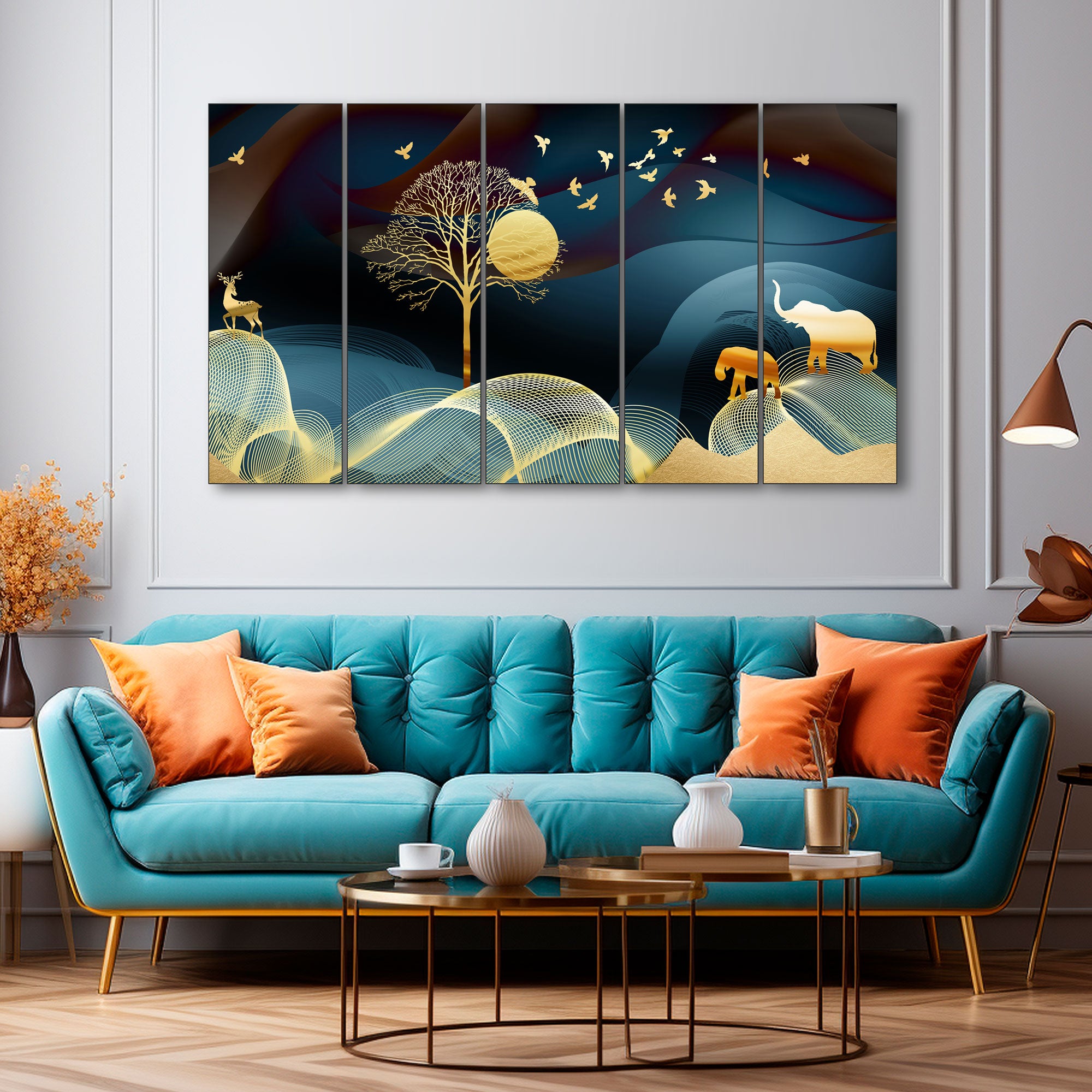 Golden Deer Painting with frame Big Size Wall Art for living room,Bedroom,Drawing room,Hotels 27x48"