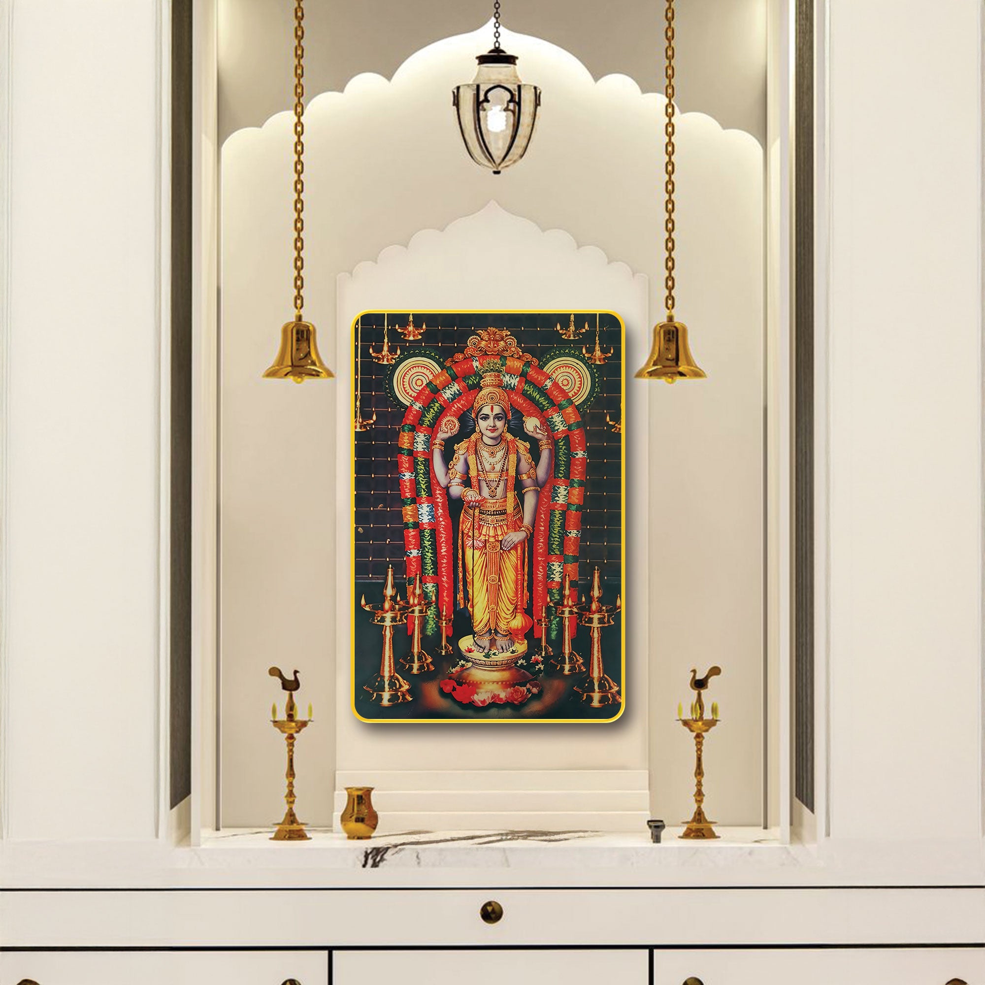 The Castle Decor Divine Shree Guruvayurappan Wall Art | Sparkle Laminated Digital Print in Golden Slim Frame | Spiritual Wall Décor for Pooja Room, Living Room, Bedroom & Office 20X30