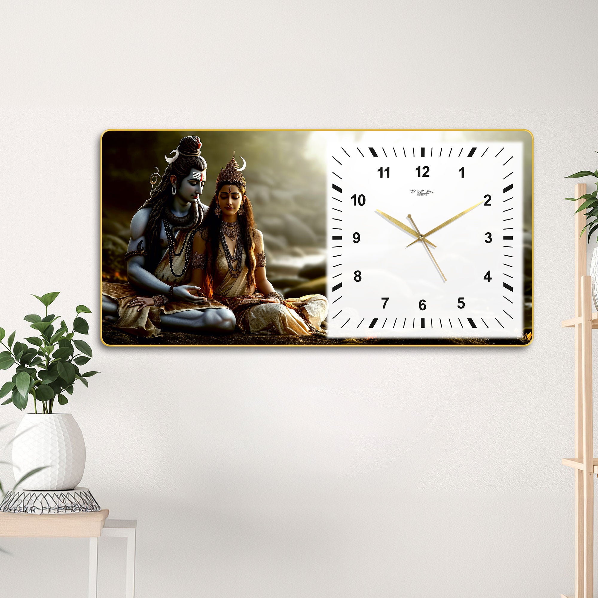 The Castle Decor Shiv Parvati Decorative Wall Clock 24x12 Inch, Silent Sweep Non-Ticking Modern Wall Clock with Golden Slim Frame