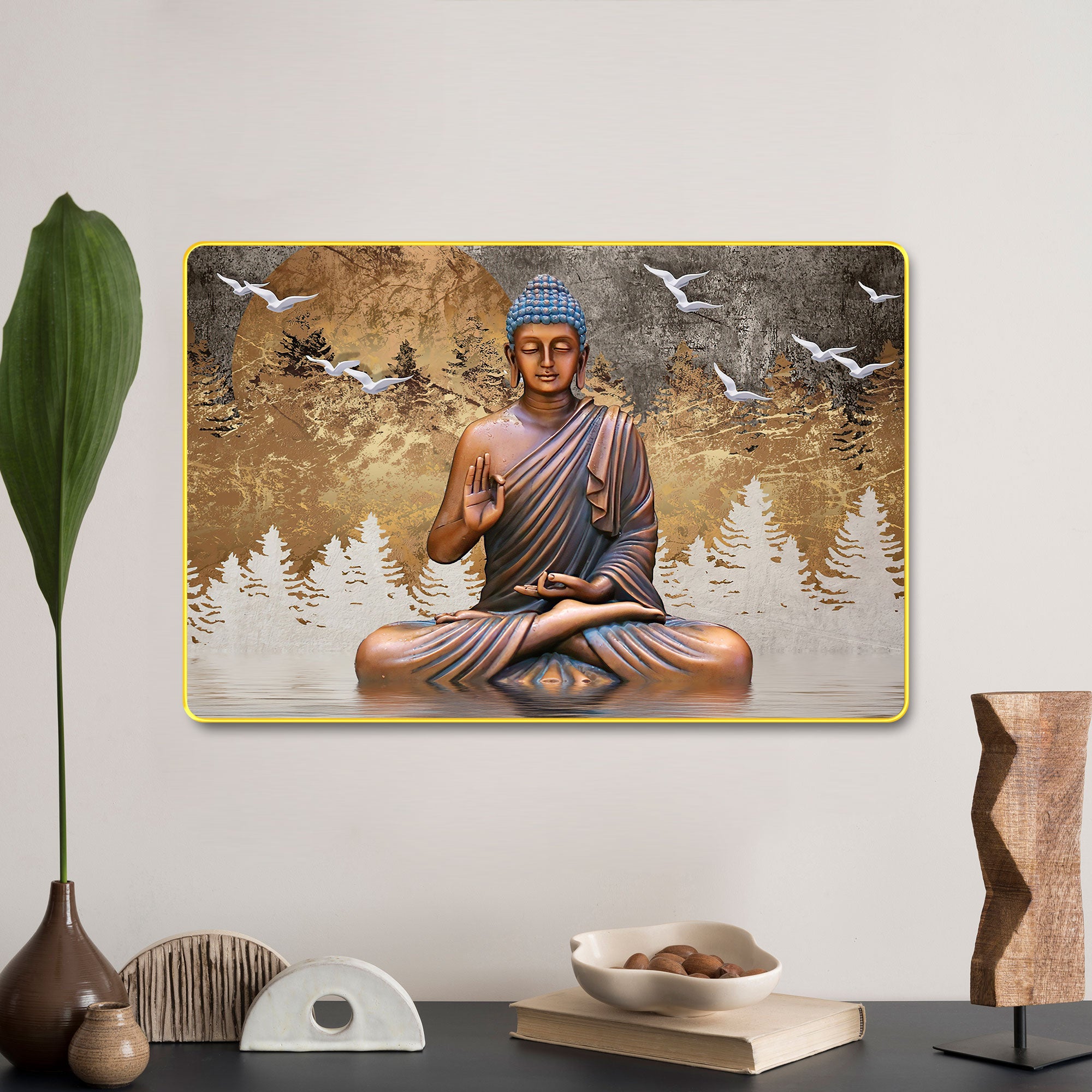 The Castle Decor Lord Buddha Wall Art Painting with Wooden Frame | Vastu Spiritual Meditation Décor for Living Room, Bedroom, Office & Hotel | Gift Option