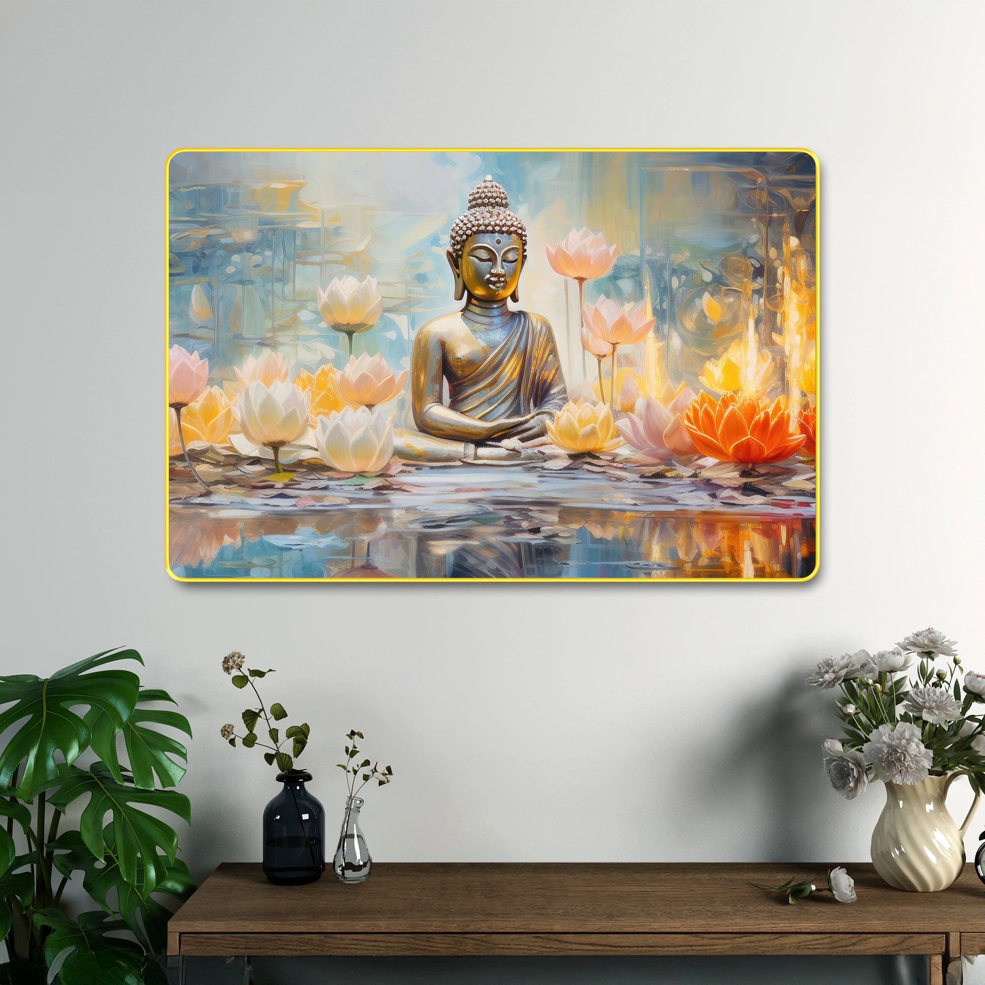 The Castle Decor Lord Buddha Wall Art Painting with Wooden Frame | Vastu Spiritual Meditation Décor for Living Room, Bedroom, Office & Hotel | Gift Option
