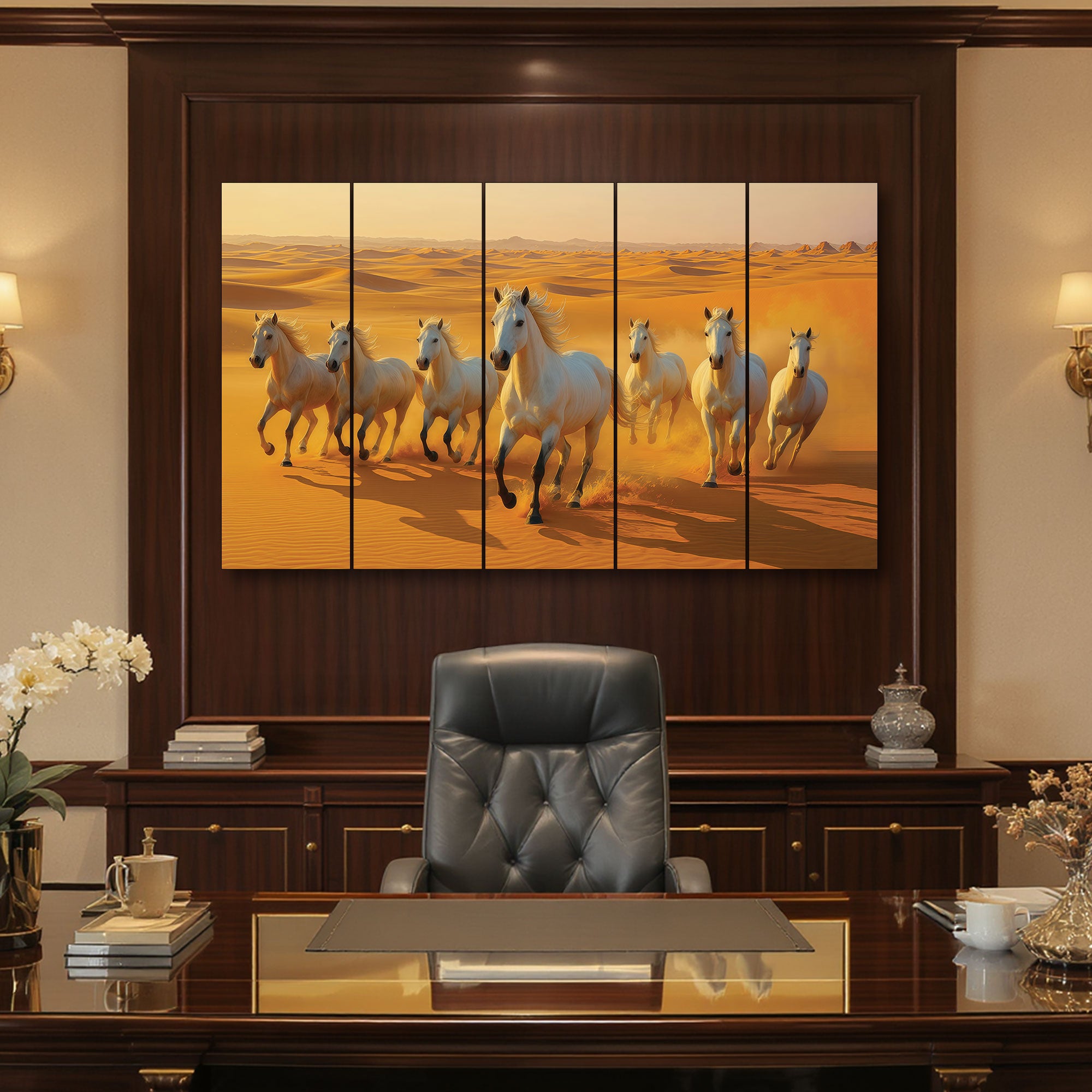 The Castle Decor Running White Horses in Golden Desert Wall Art, 5 Panel Vastu Painting for Home & Office Decor