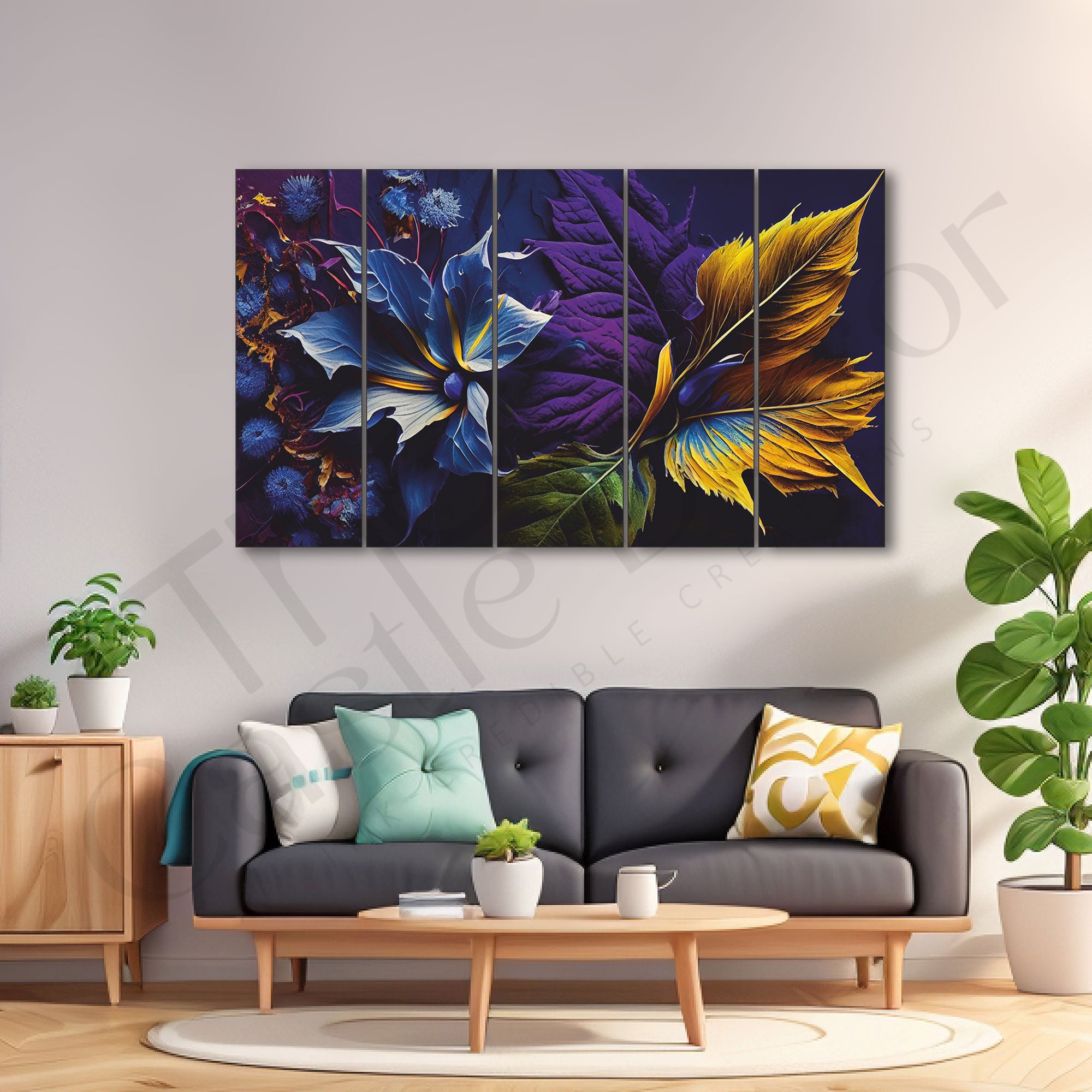 Leafy Pattern Multi Colored Flowers Nature Set of 5 Big Size Multiple Frames Wall Art Painting for living room,Bedroom,Drawing room,Hotels-Wooden Framed-Digital Painting