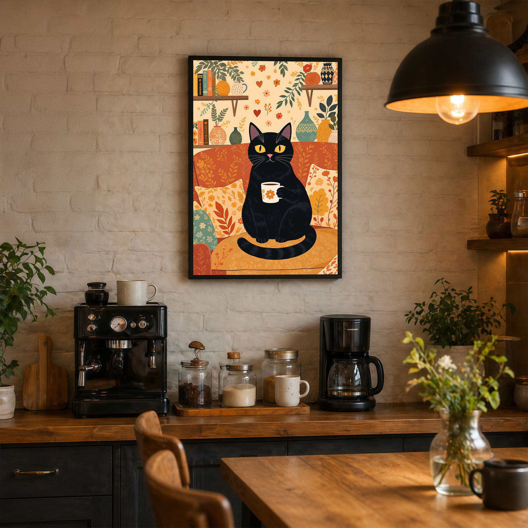 The Castle Decor Cute Black Cat Coffee Wall Art Frame | Cozy Kitchen & Dining Decor | Sparkle Finish MDF Painting with Premium Fiber Frame for Home