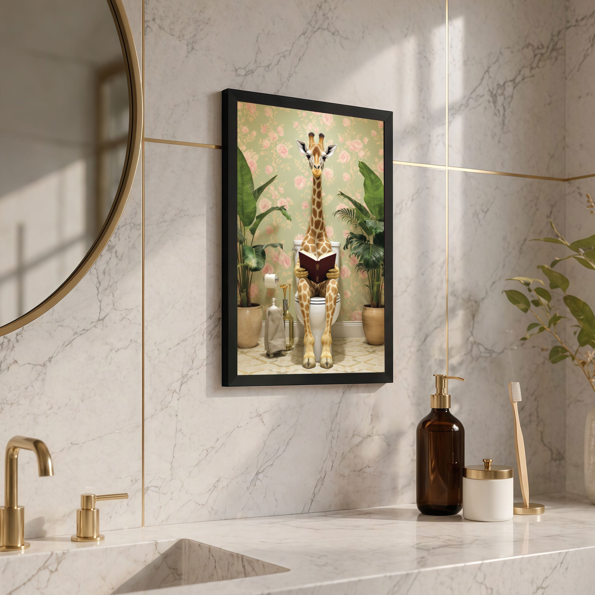 The Castle Decor Funny Giraffe Bathroom Wall Art | Animal Reading on Toilet Framed Poster | Quirky Washroom Decor | Modern Funny Bathroom Painting
