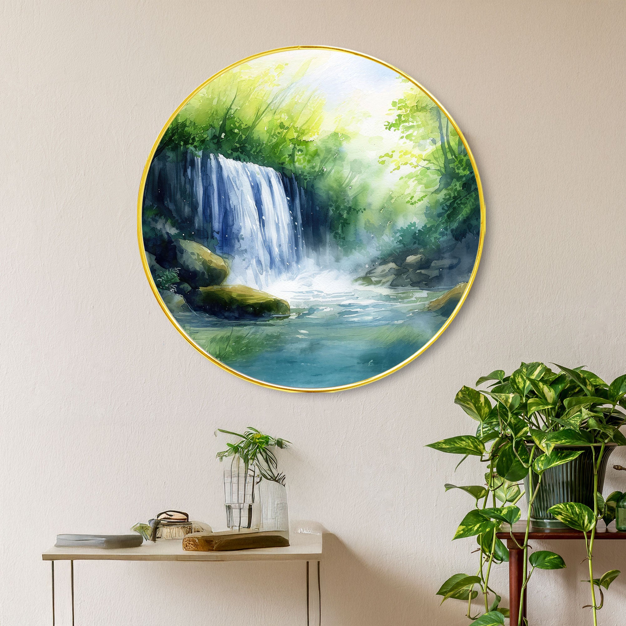 The Castle Decor Waterfall Round Wall Art | Vastu Nature Golden Frame Painting for Home, Bedroom & Gift Decoration