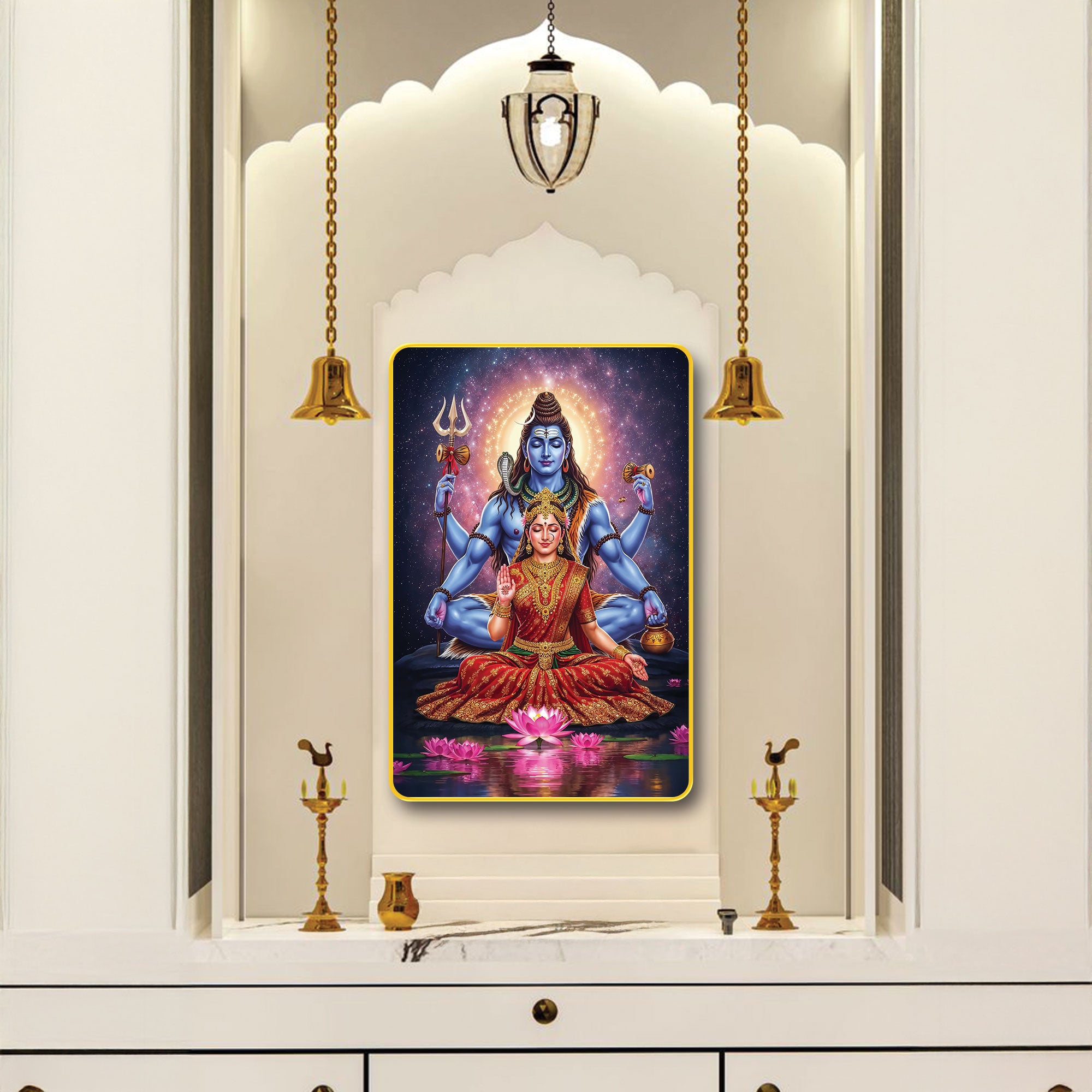 The Castle Decor Shiv Parvati Spiritual Wall Hanging | Sparkle Laminated Digital Artwork with Golden Slim Frame | Ideal for Gifting & Décor 20X30 Inches