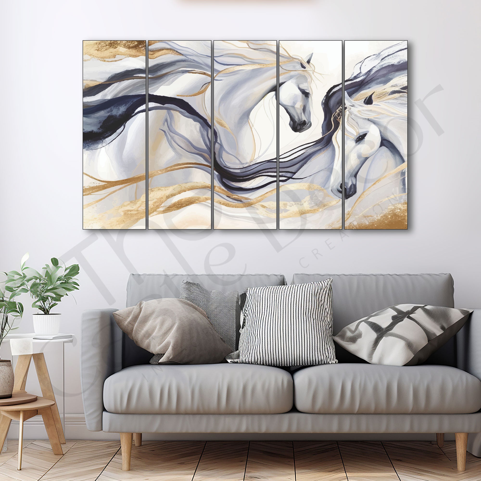 Modern golden horses painting with frame 5 Big Size Multiple Frames Wall Art Painting for living room,Bedroom,Drawing room,Hotels-Wooden Framed-Digital Painting