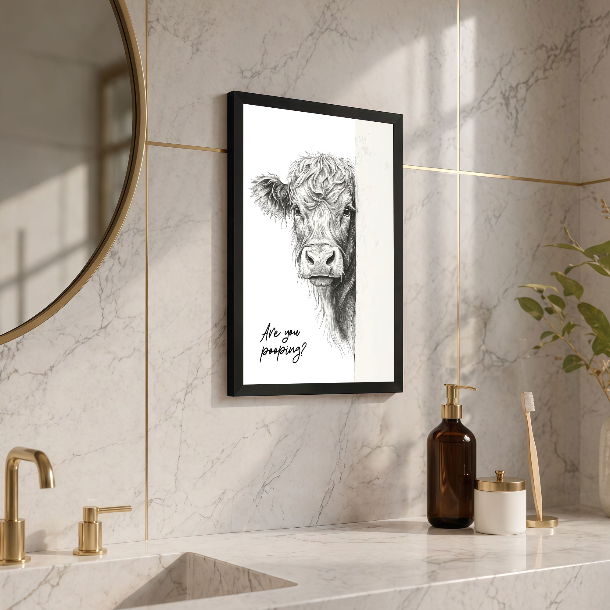 The Castle Decor Funny Highland Cow Peeking Are You Pooping Framed Wall Art – Rustic Farmhouse Animal Sketch Framed Poster, Humorous Country Bathroom Restroom Decor