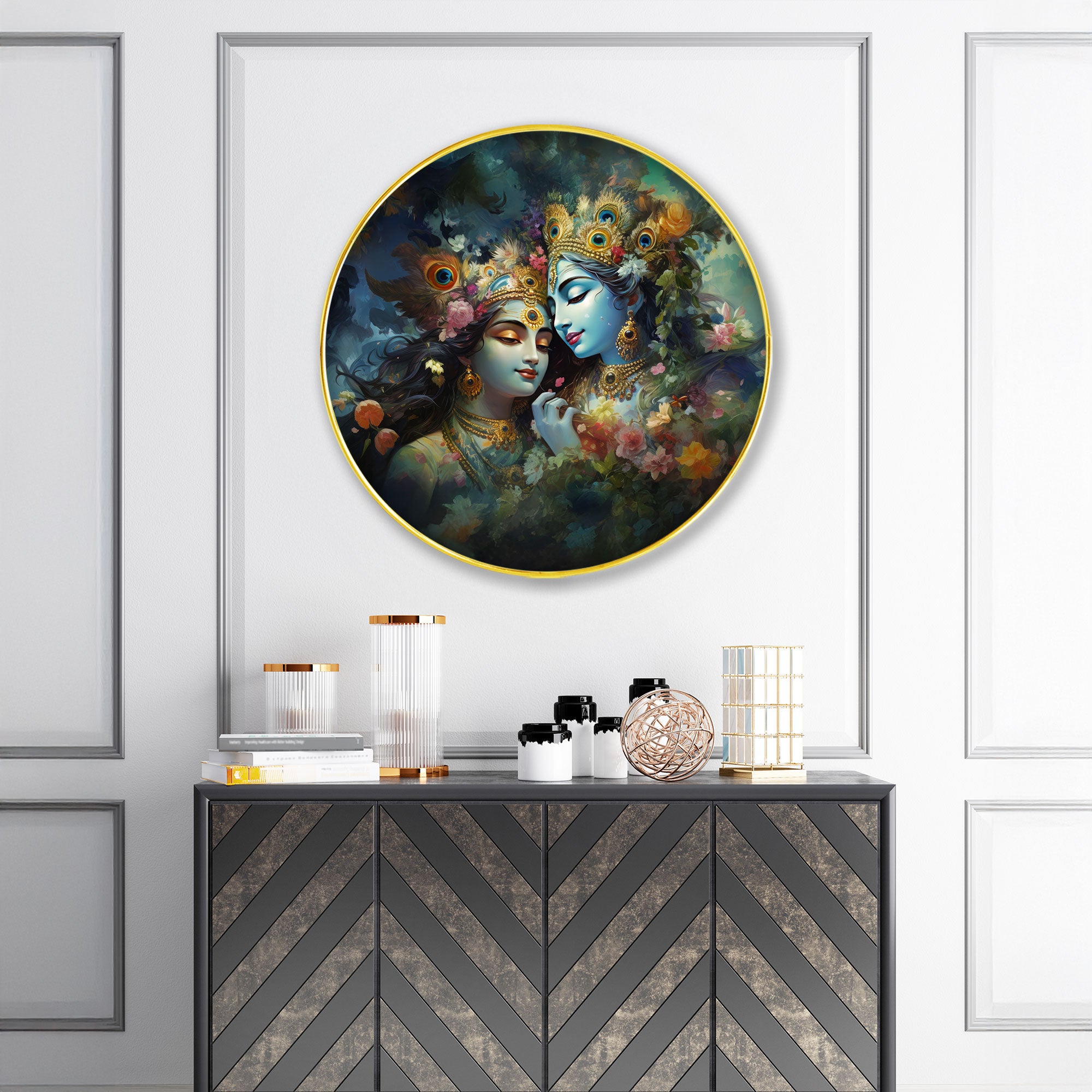 The Castle Decor Radha Krishna Wall Décor Round | Divine Love Painting with Golden Slim Frame for Living Room, Bedroom, Hotel & Gift Option