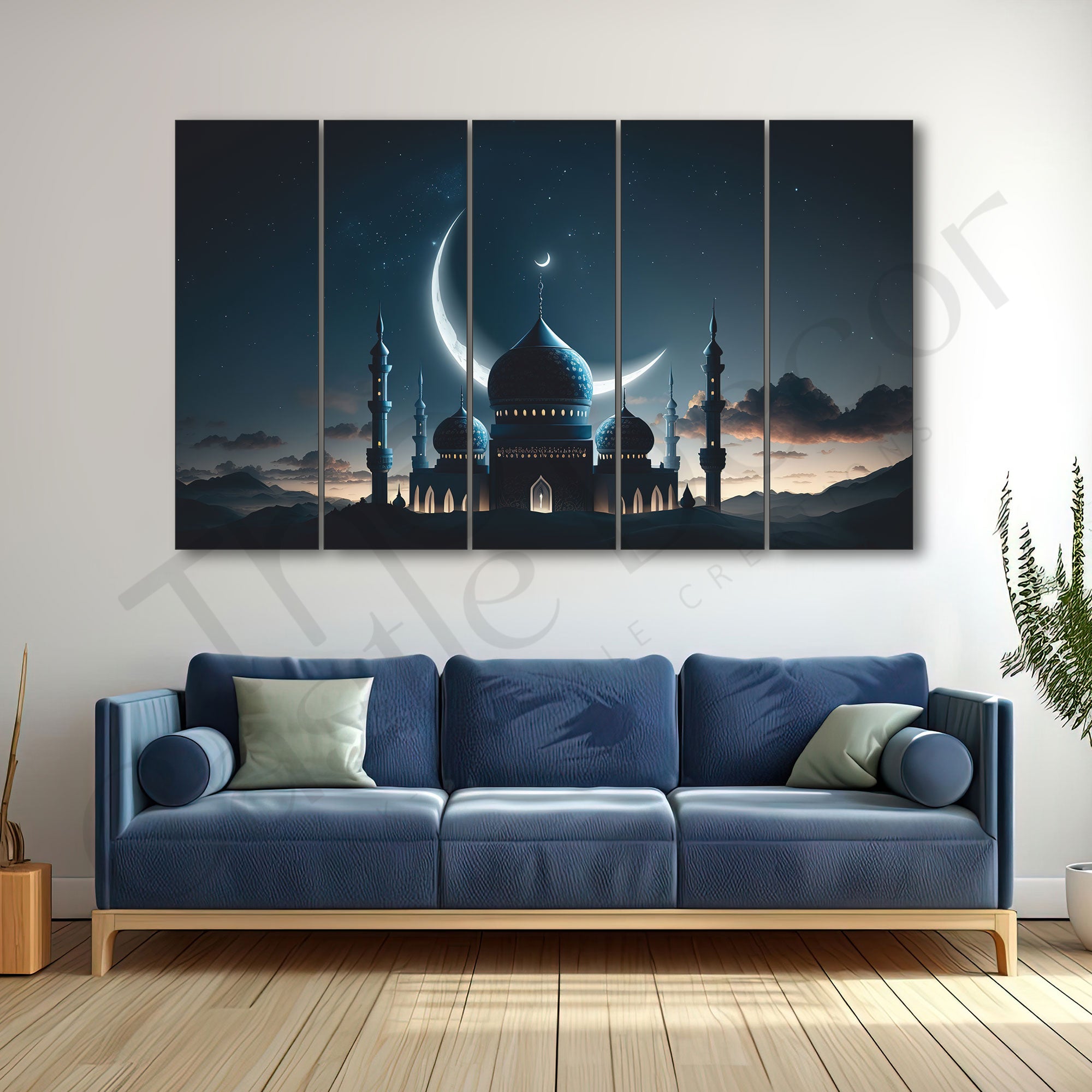 Islamic Wall Art, Beautiful, Mosque skyline Set of 5 Big Size Multiple Frames Wall Art Painting for living room,Bedroom,Drawing room,Hotels-Wooden Framed-Digital Painting 27x48"