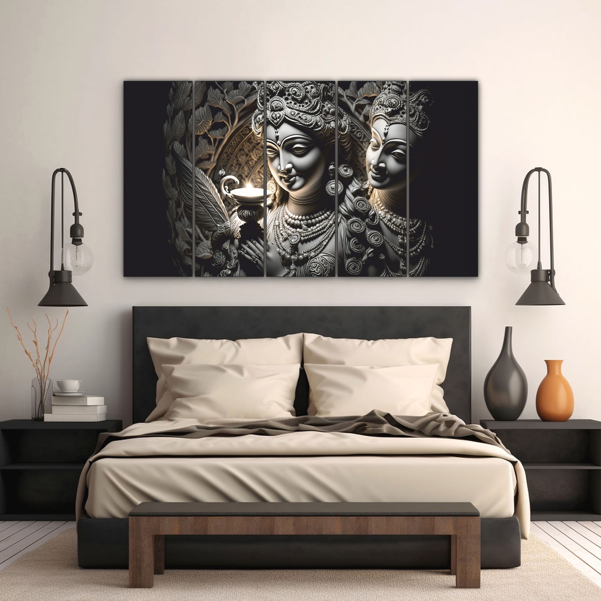 Radha.krishan Set of 5 Big Size Multiple Frames Wall Art Painting for living room,Bedroom,Drawing room,Hotels-Wooden Framed-Digital Painting