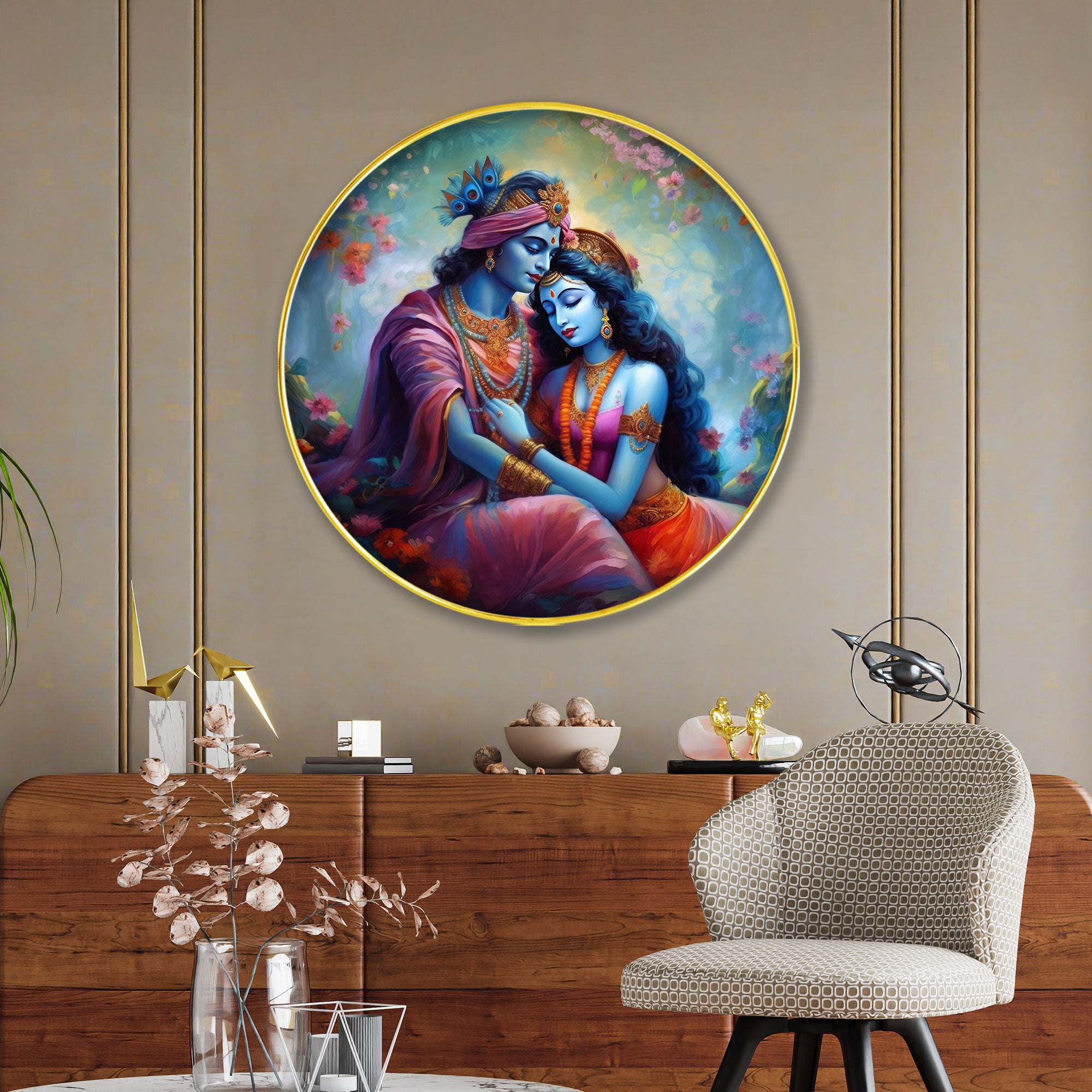 The Castle Decor Radha Krishna Ji Wall Hanging Round | Elegant Golden Frame Spiritual Love Artwork for Home, Hotel, Office & Gift Decoration