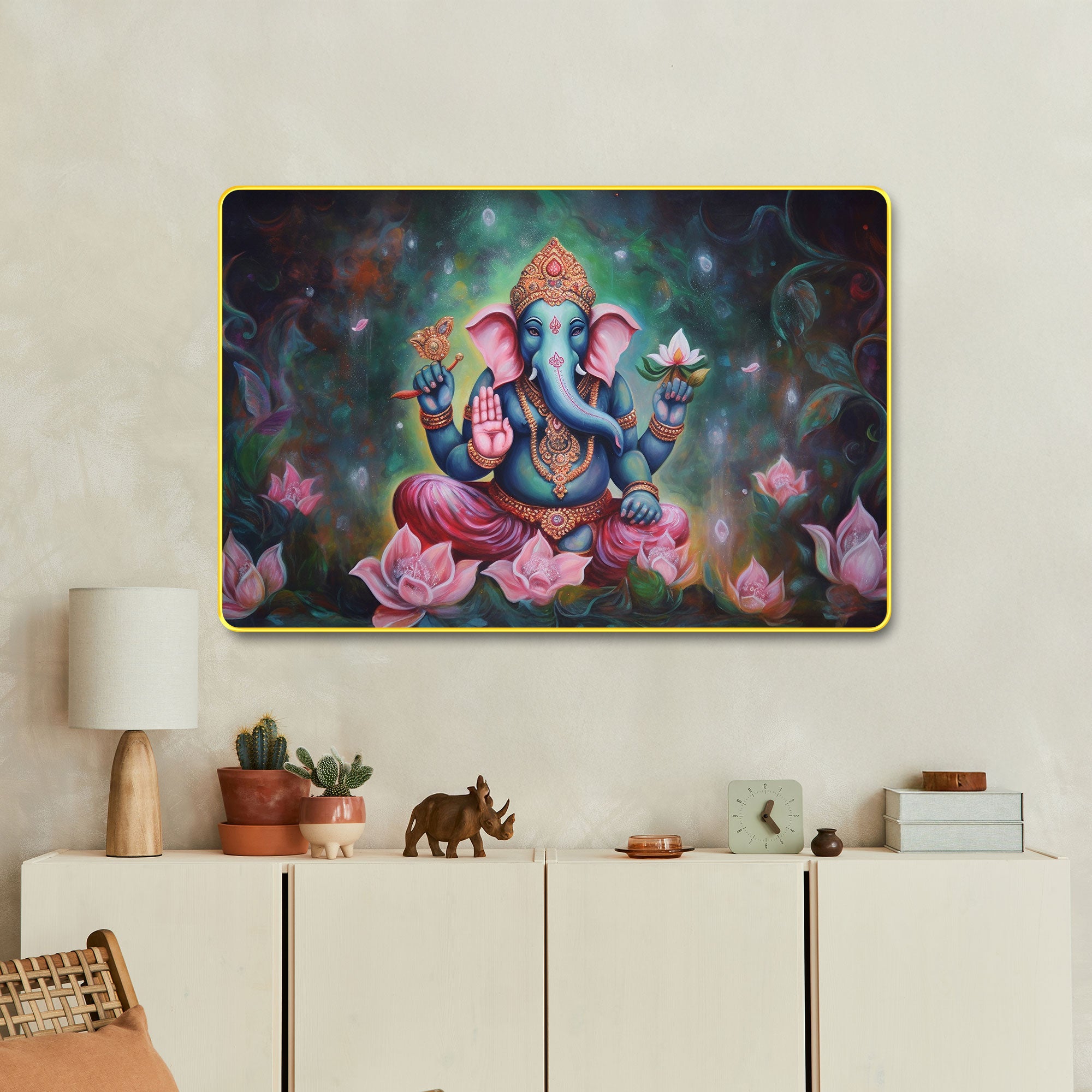 The Castle Decor Lord Ganesha Wall Art Painting with Wooden Frame | Spiritual Hindu God Décor for Living Room, Bedroom, Temple & Office | Auspicious Gift Option