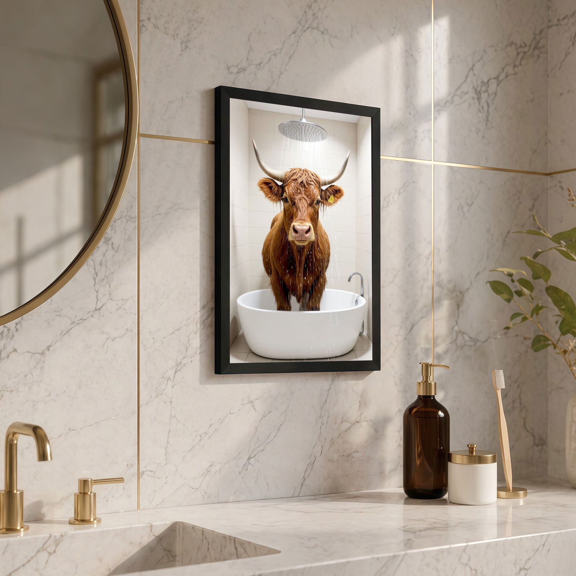 The Castle Decor Funny Highland Cow taking a Shower Framed Wall Art – Cute Fluffy Bull in Bathtub under Shower Head Framed Poster, Rustic Farmhouse Bathroom Decor