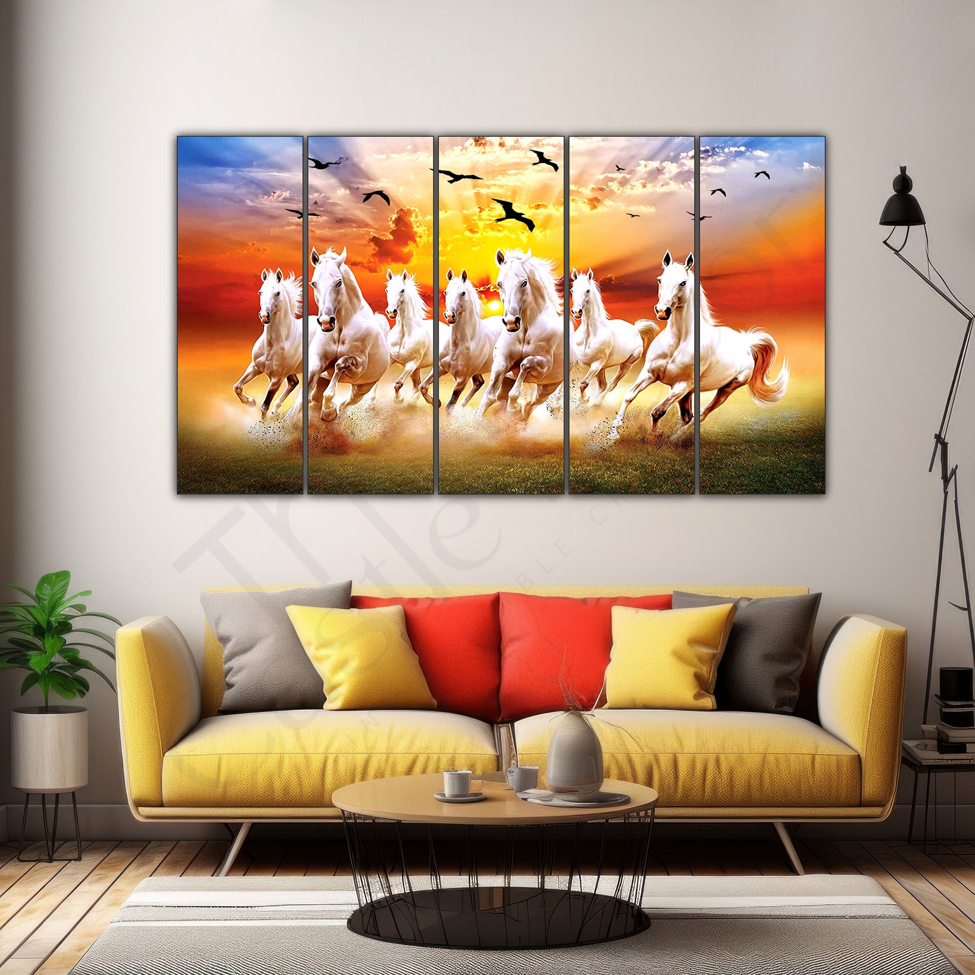 Vaastu 7 Beautiful Horses Set of 5 Big Size Multiple Frames Wall Art Painting for living room,Bedroom,Drawing room,Hotels-Wooden Framed-Digital Painting