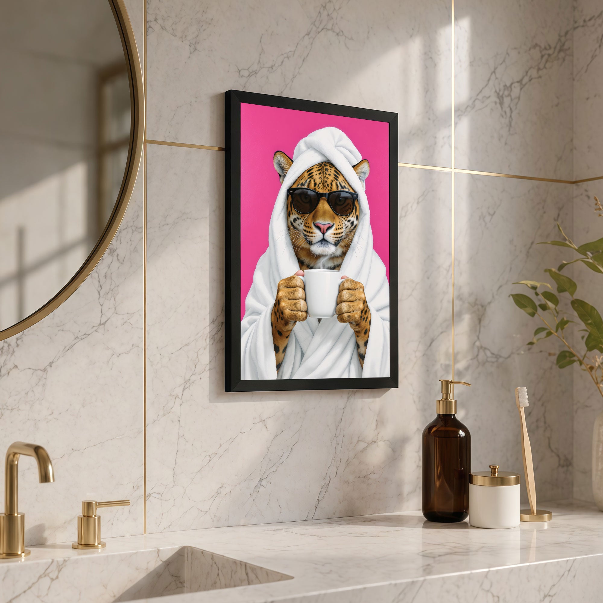 The Castle Decor Cute Leopard in White Bathrobe holding Coffee Mug Framed Wall Art – Funny Animal with Sunglasses Spa Bathroom Framed Poster, Humorous Powder Room Decor