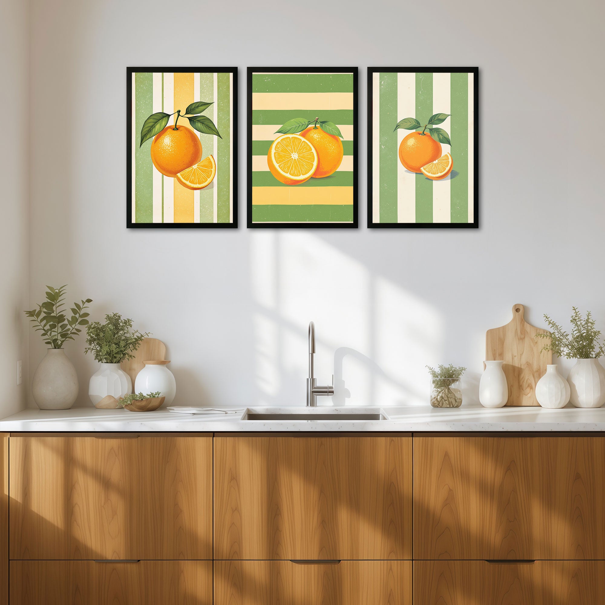 The Castle Decor Orange Fruit Kitchen Wall Art Set of 3 Frame | Citrus Wall Decor | Sparkle Lamination Finish with Premium Fiber Frame for Dining & Kitchen