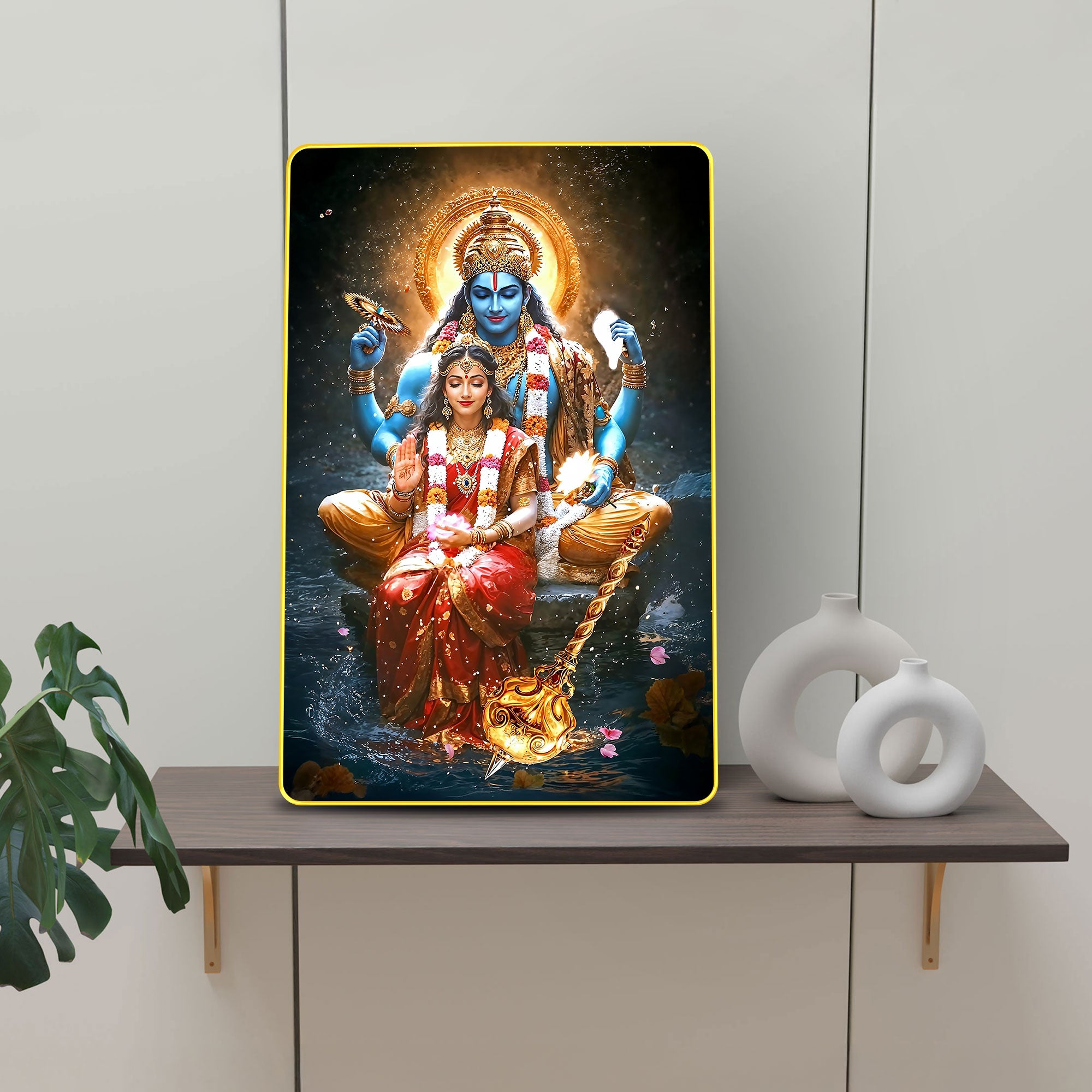 The Castle Decor Vishnu Lakshmi Digital Wall Art | Sparkle Laminated Golden Frame | Divine Spiritual Décor for Pooja Room, Mandir, Home & Office
