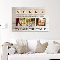 Customizable Mommy Photo Frame Wall Art, Scrabble Letter Design with 3 Photo Slots, You Are The World Quote, 36x24 Inch, Personalized Mother's Day Gift