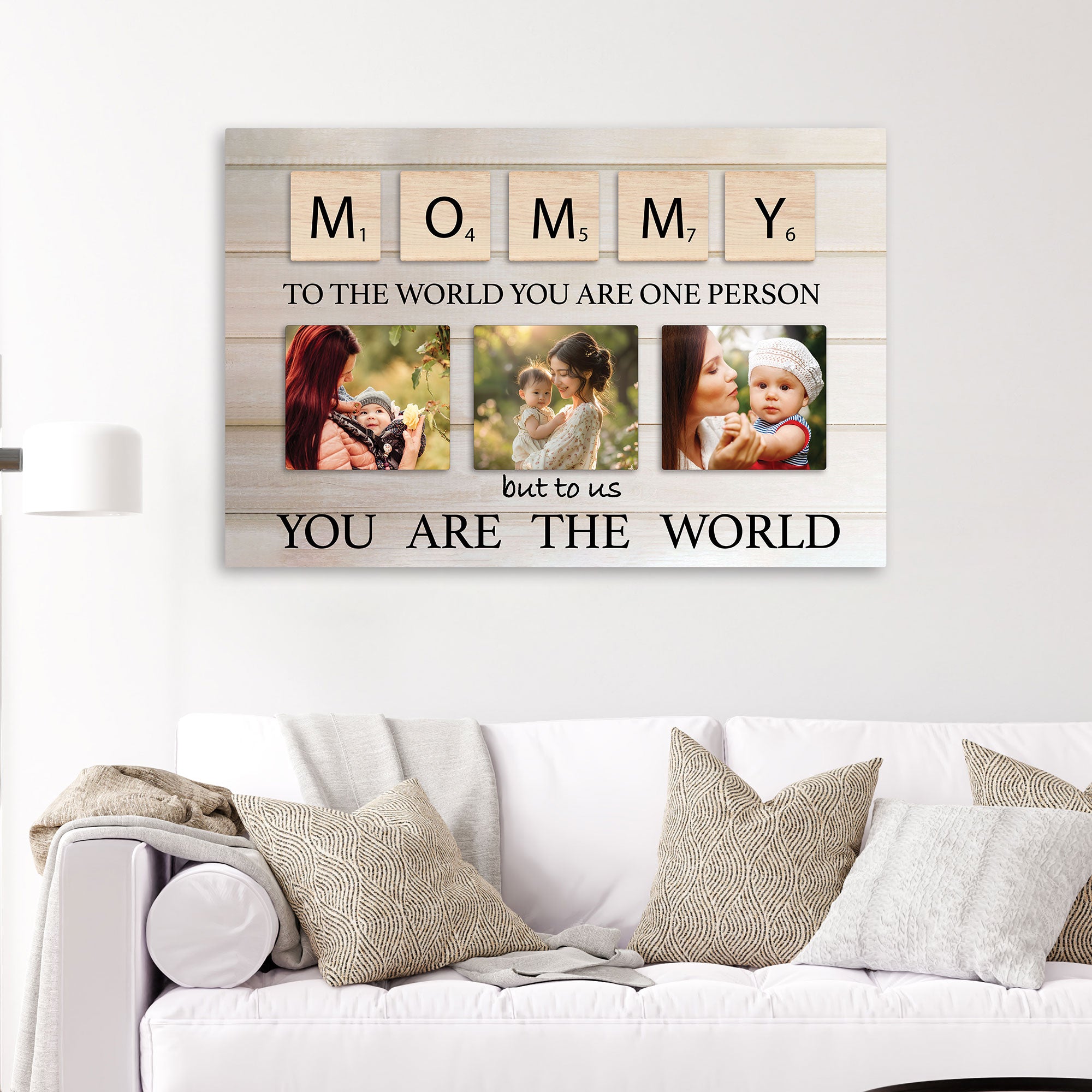 Customizable Mommy Photo Frame Wall Art, Scrabble Letter Design with 3 Photo Slots, You Are The World Quote, 36x24 Inch, Personalized Mother's Day Gift