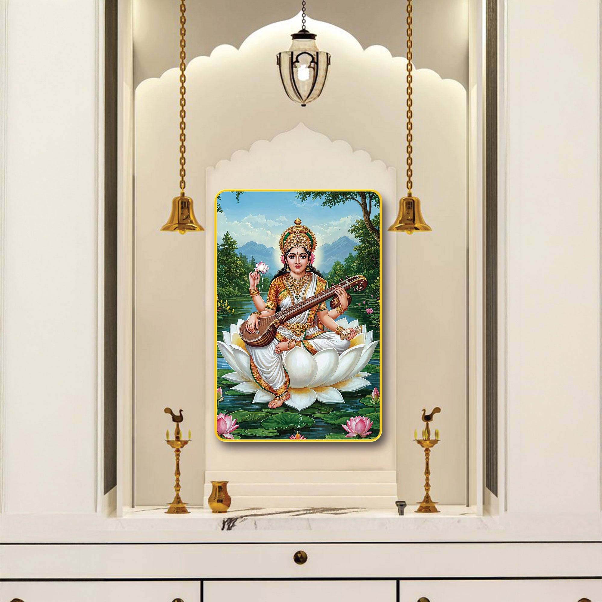 The Castle Decor Divine Saraswati Maa Wall Frame | Sparkle Laminated Digital Art with Golden Slim MDF Frame | Ideal for Gifting & Home Décor 20x30 Inches