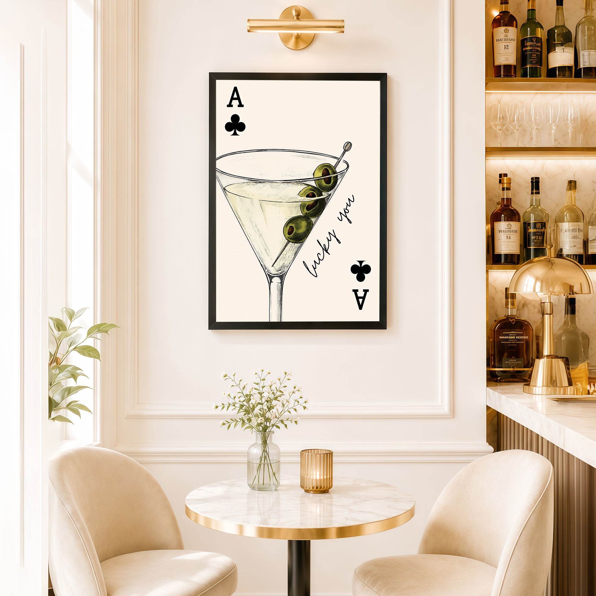 The Castle Decor Lucky You Martini Cocktail Wall Art Poster | Ace Card Inspired Bar Decor for Lounge, Cafe, Pub & Home Bar