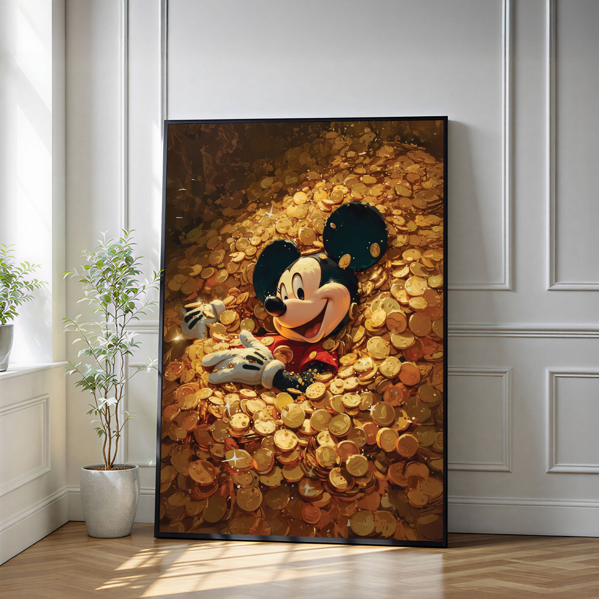 The Castle Decor Luxury Cartoon Wealth Wall Art, Gold Coin Fantasy Character Artwork with Premium Sparkle Finish, 20×30 Inch Wall Décor for Man Cave