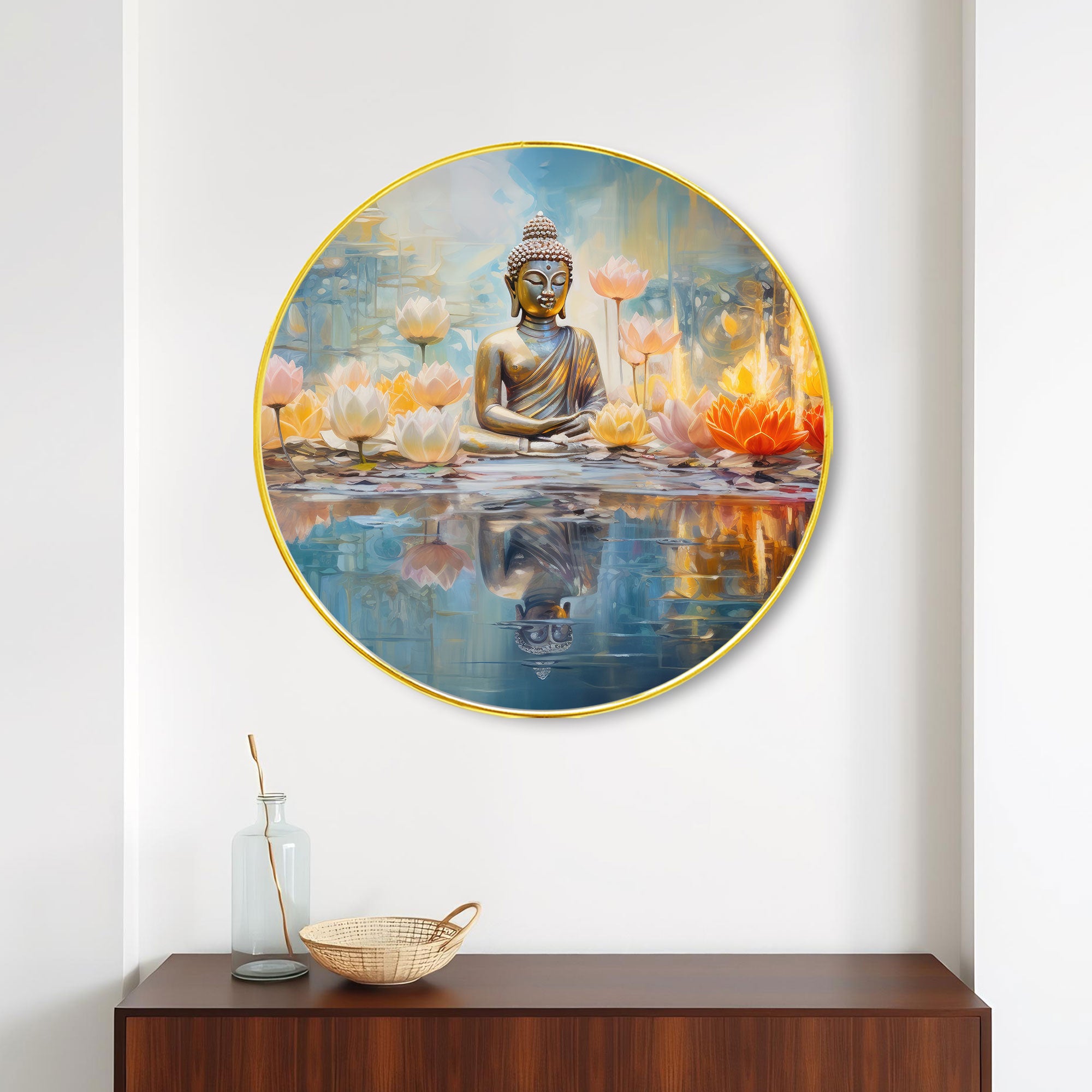 The Castle Decor Buddha Round Wall Hanging | Elegant Golden Slim Frame Spiritual Wall Décor for Living Room, Bedroom, Office, Hotel & Gift