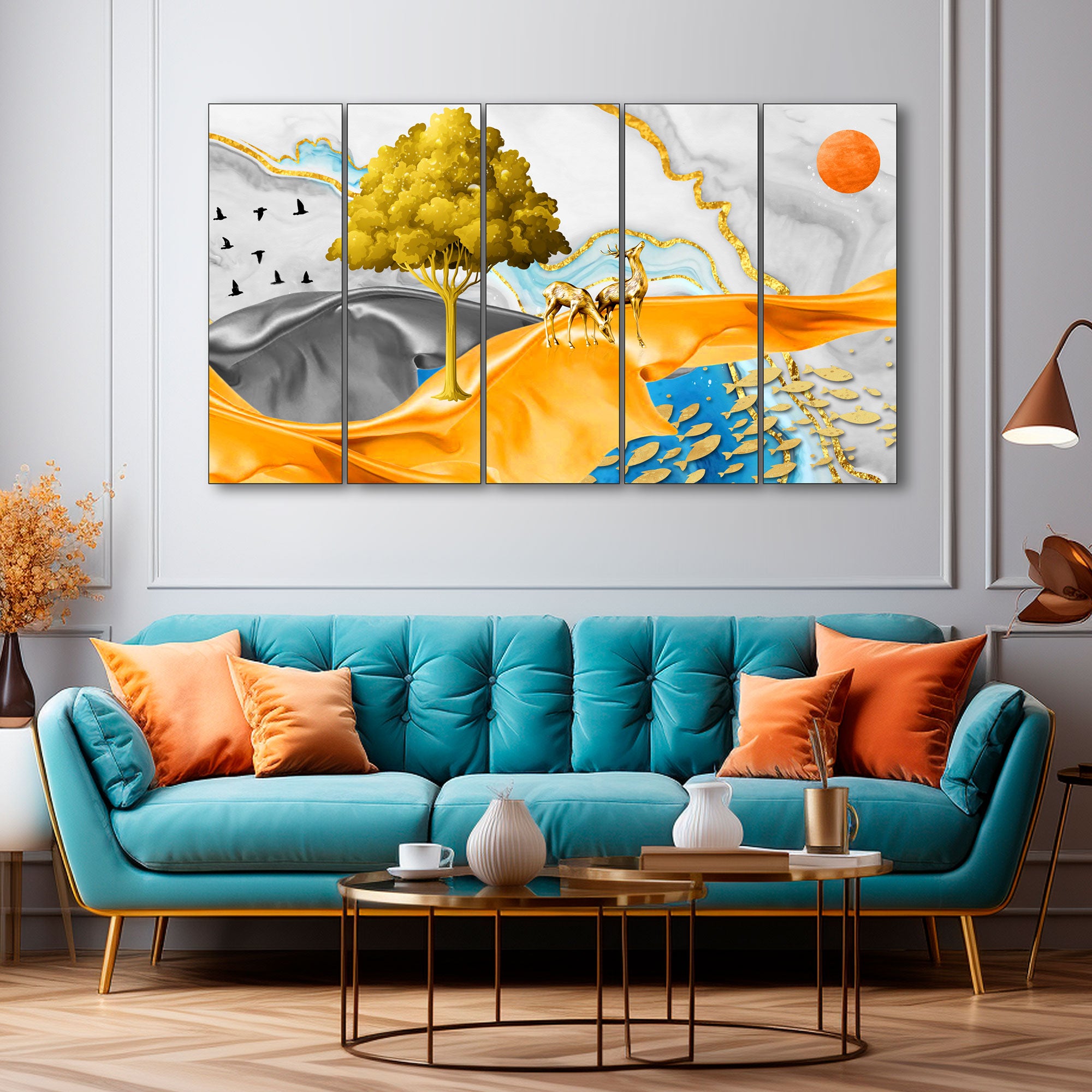 Golden Deer Painting with frame Big Size Wall Art for living room,Bedroom,Drawing room,Hotels