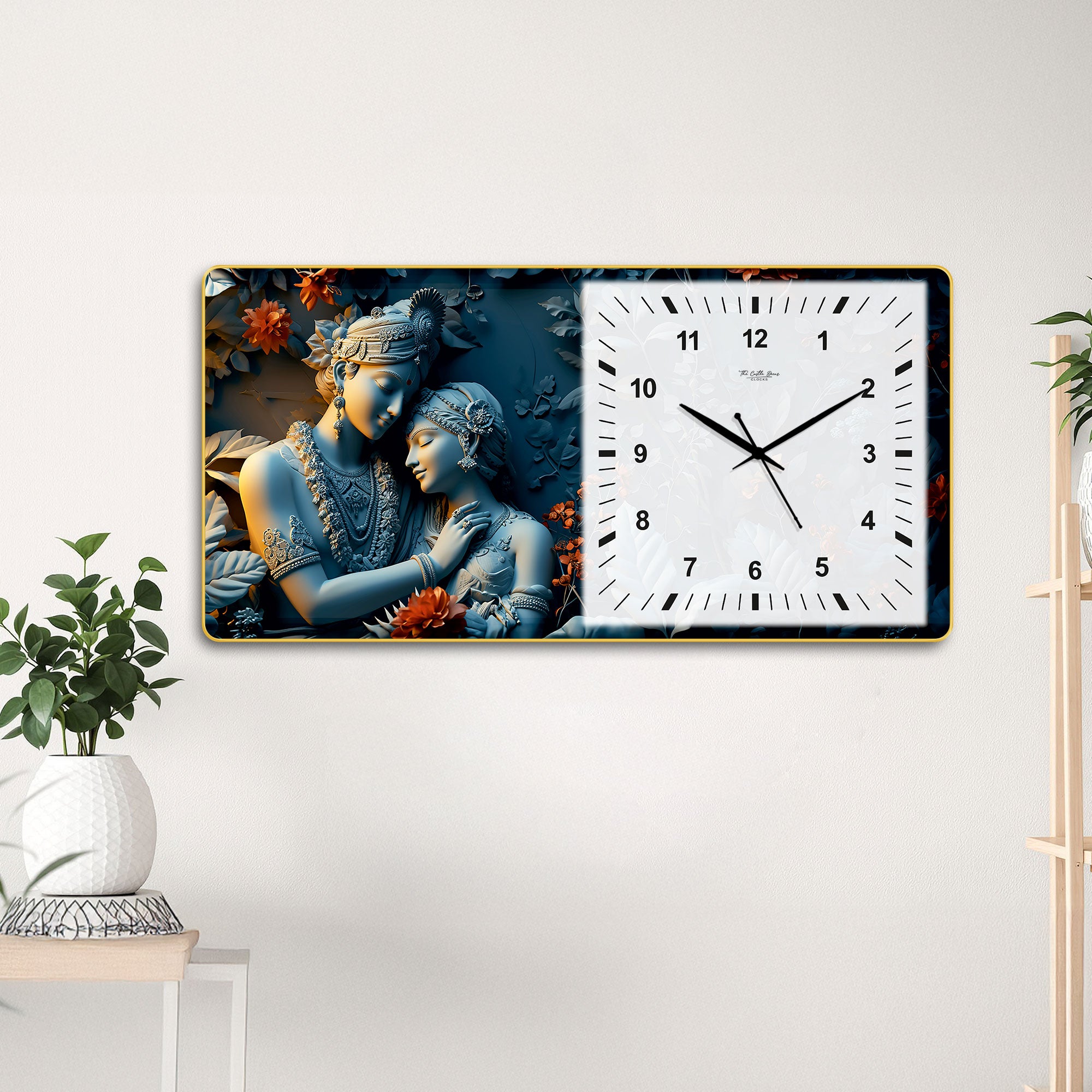 The Castle Decor Radha Krishna Decorative Wall Clock 24x12 Inch, Silent Sweep Non-Ticking Modern Wall Clock with Golden Slim Frame
