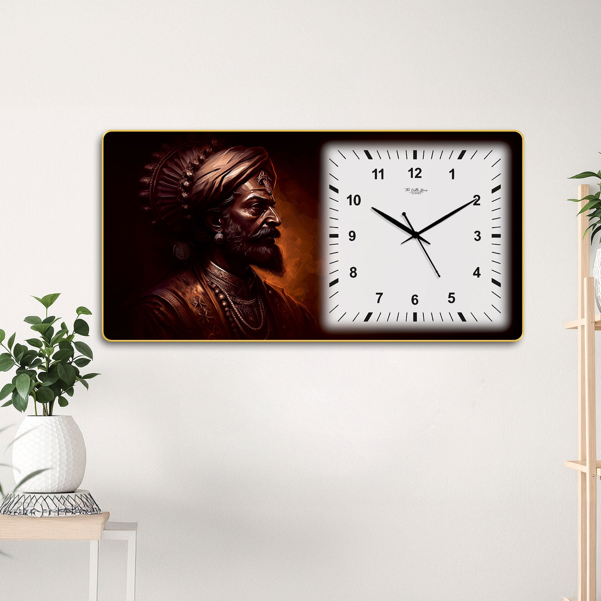 The Castle Decor Chhatrapati Shivaji Maharaj Decorative Wall Clock 24x12 Inch, Silent Sweep Non-Ticking Modern Wall Clock with Golden Slim Frame