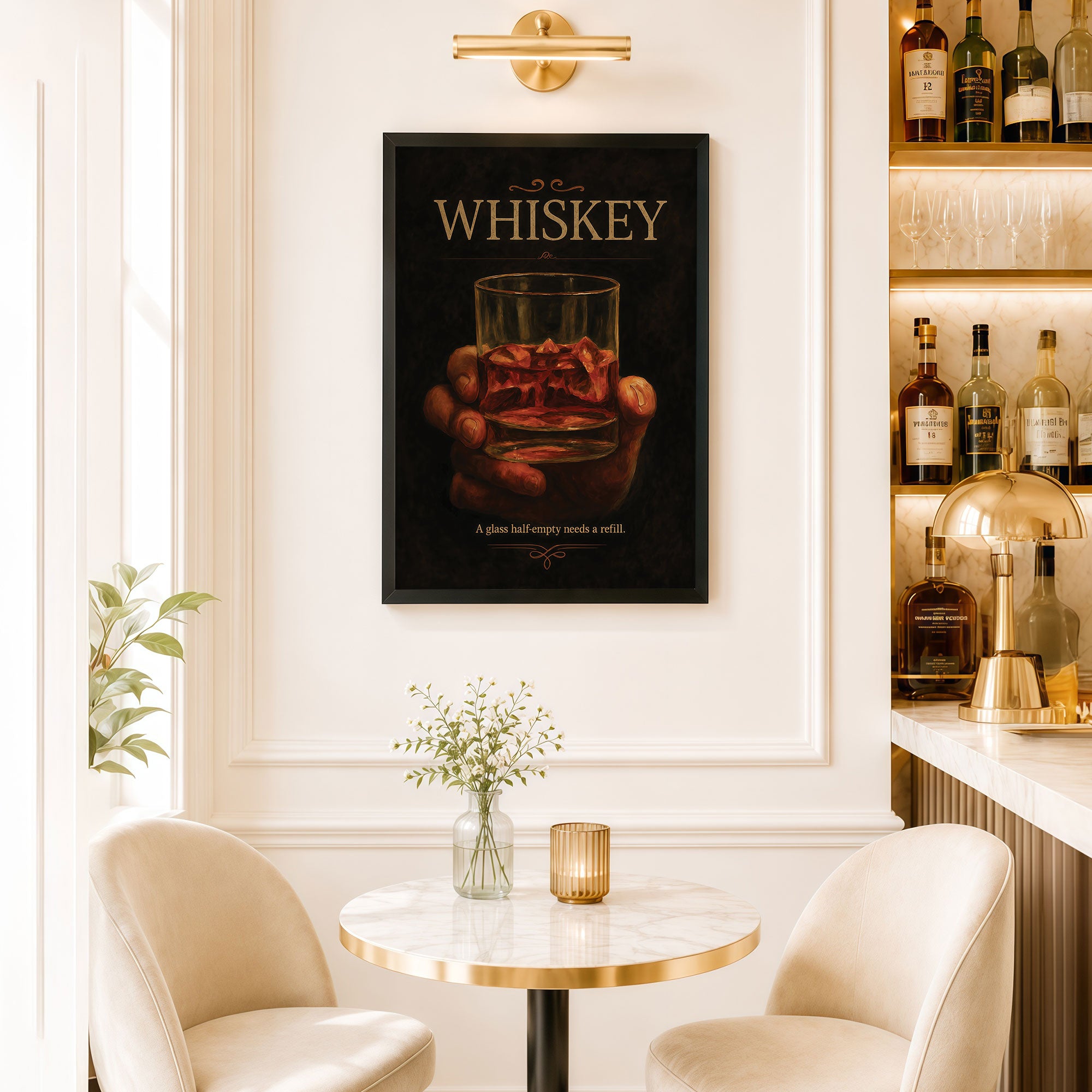 The Castle Decor Whiskey Wall Art Poster – A Glass Half Empty Needs A Refill | Vintage Bar Decor for Pub, Lounge & Home Bar