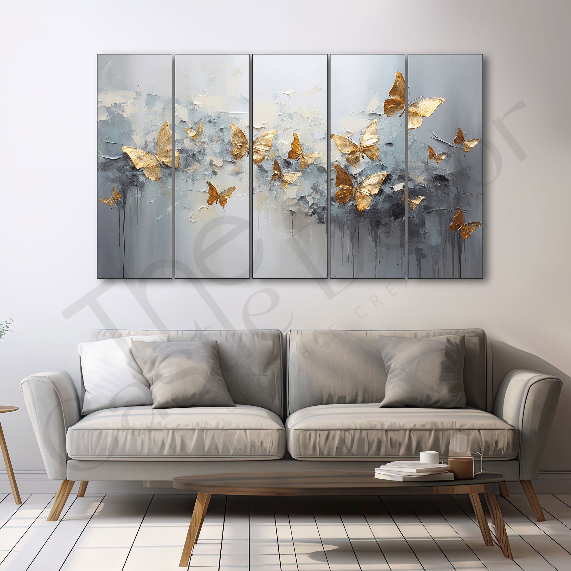 Golden butterflies Set of 5 Big Size Multiple Frames Wall Art Painting for living room,Bedroom,Drawing room,Hotels-Wooden Framed-Digital Painting 27x48"