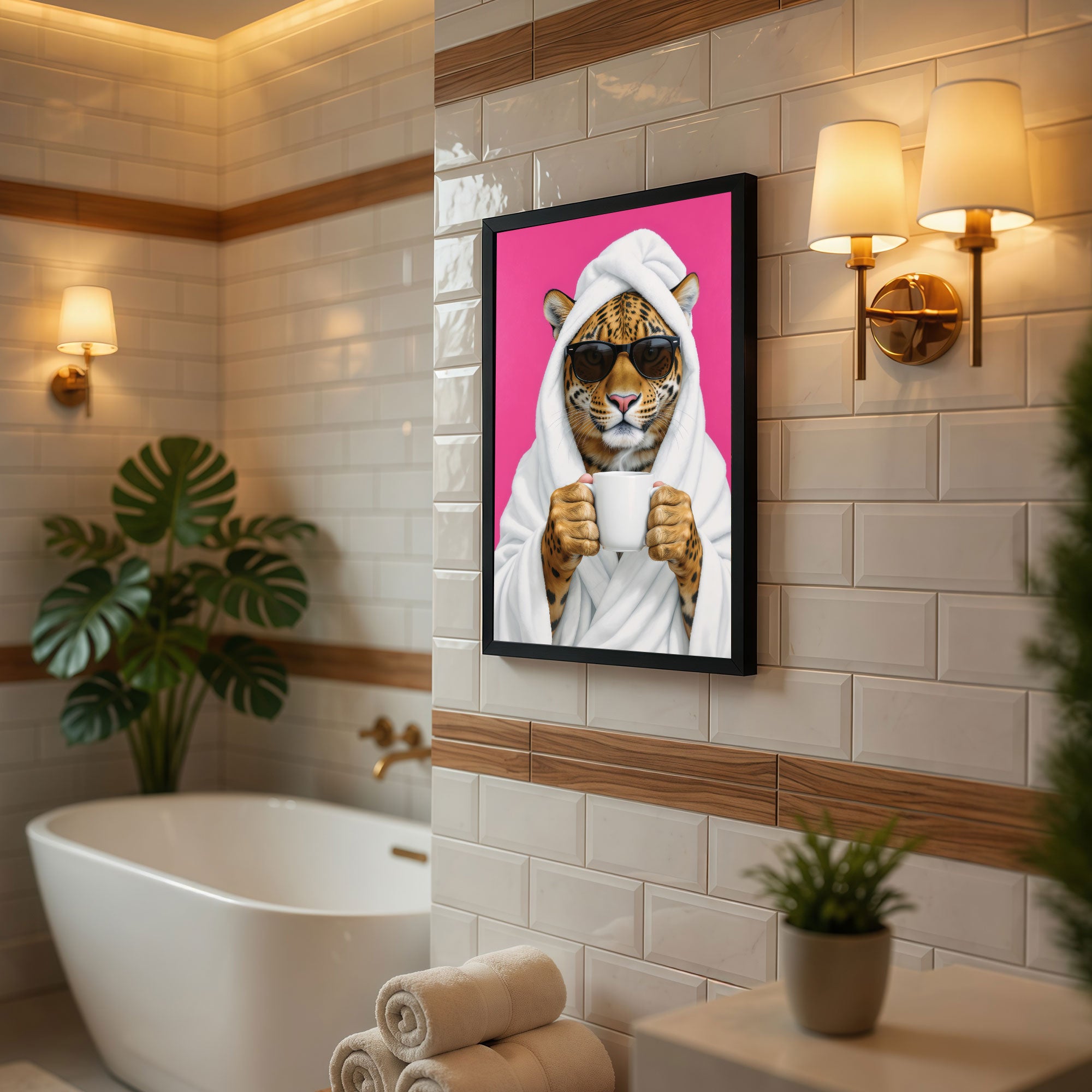 The Castle Decor Cute Leopard in White Bathrobe holding Coffee Mug Framed Wall Art – Funny Animal with Sunglasses Spa Bathroom Framed Poster, Humorous Powder Room Decor