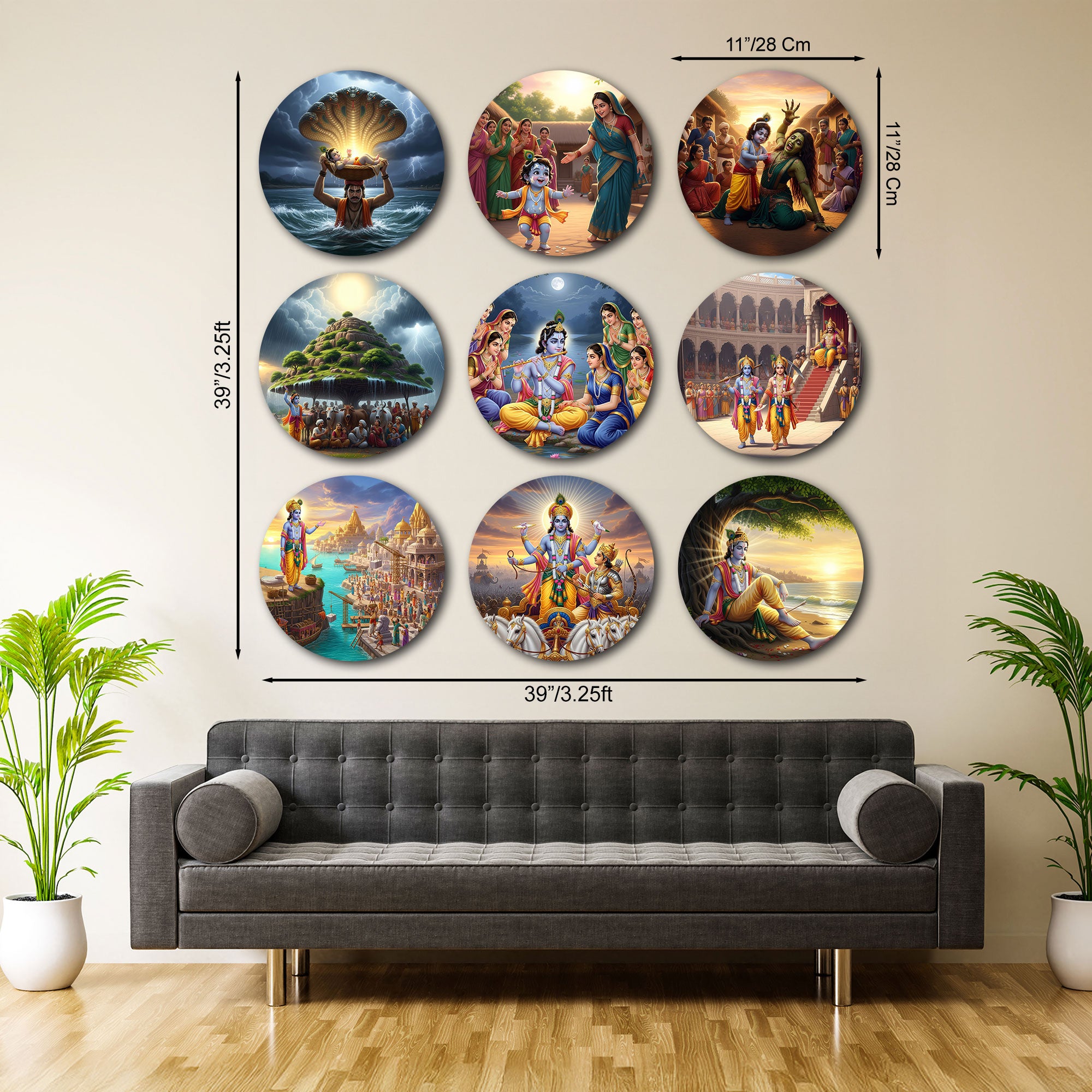 Radha Krishna Wall Plates – Set of 9 Round Decorative Spiritual Art Pieces for Home & Prayer Room